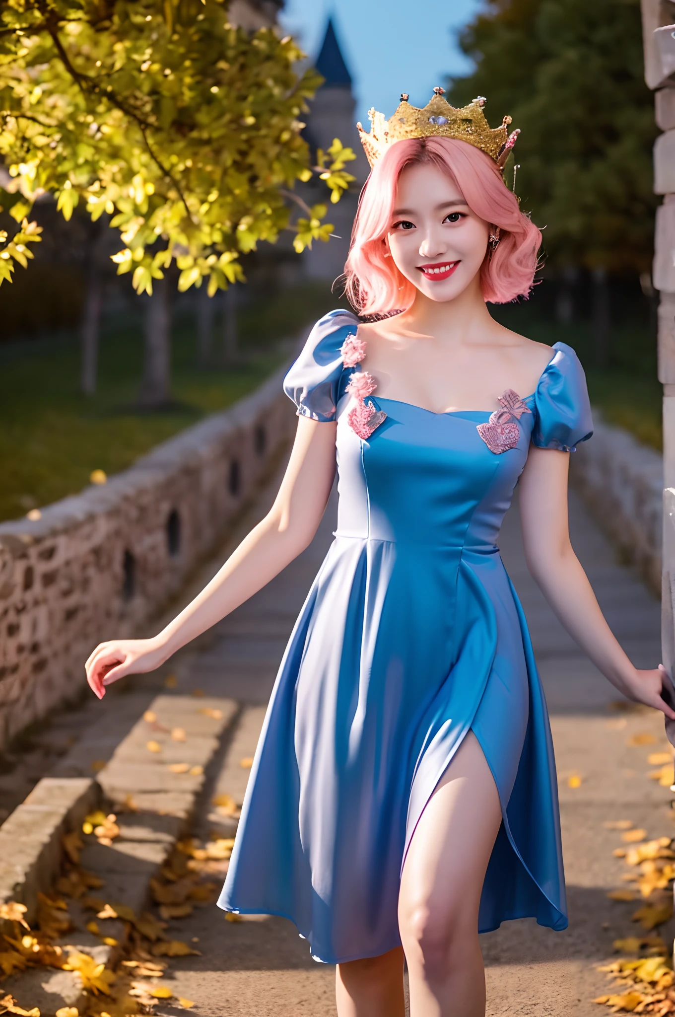 masterpiece,full body,female,queen,solo,short eyebrows,wide eyes,lipstick,light smile,medium hair,pink hair,(mini crown),lucency full dress,blue dress,standing,look at viewer,in autumn,night,full_moon,stars,castle