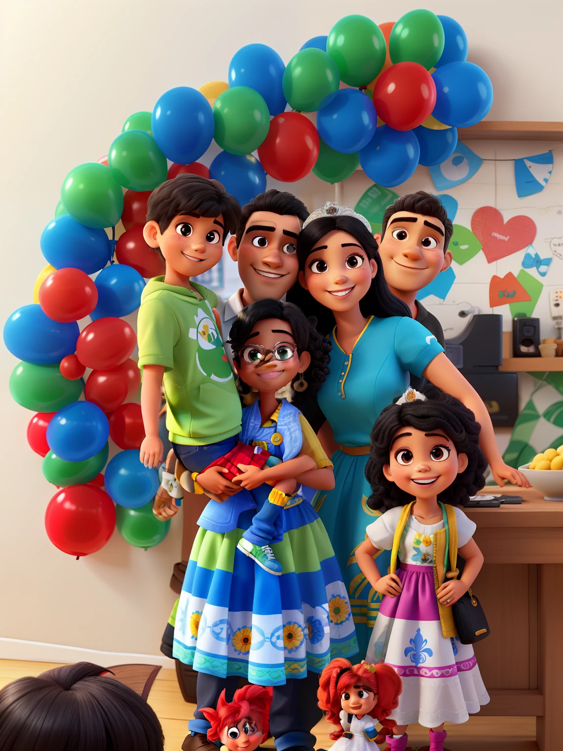 A typical Brazilian family portrayed in the style of Disney Pixar heroes with detailed strokes and vibrant colors. The father is a South American man with short hair, and wears elegant glasses. He's smiling warmly, Showing a cheerful expression. a filha mais nova, com cinco anos de idade, She is dressed in a charming white princess dress. Ela possui olhos negros, com cabelos castanhos em cachinhos, that add a touch of sweetness to your appearance. Seu rosto irradia felicidade enquanto ela sorri com entusiasmo. o filho com seis anos, It's a white boy with black eyes and short black hair. Her smile is contagious and expresses joy and fun. The mother is a white woman with black eyes, com cabelos castanhos e lisos, que caem graciosamente por seus ombros. Her smile is kind and caring, radiating the happiness of being together with your family. This depiction depicts a happy family, cheia de alegria e amor, uncharacteristic Disney Pixar style, com uma qualidade excepcional.