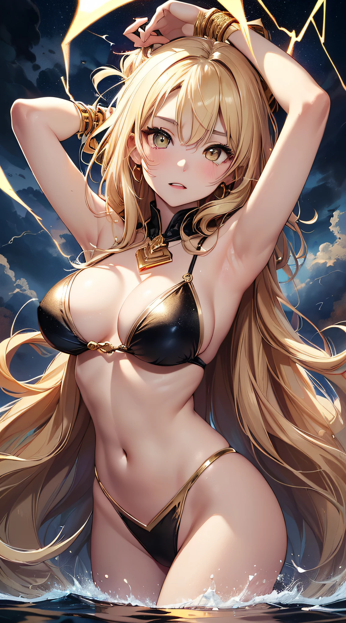 top-quality、Top image quality、masterpiece、girl with((18year old、Best Bust、big bast、Bust 85,beautiful golden eyes、Breasts wide open,Blonde long hair、A slender、Large valleys、Black and gold bikini、Goldcloak,Reflecting the whole body、Open your arms、Gold ring on wrist、Shoot lightning from your hands))hiquality、Beautiful Art、Background with((nigh sky、black clouds、lightning bolt、Intense thunder、Thunderbolt、Red thunder、Blue lightning strike、Gold Thunder)))masutepiece、visualart、depth of fields、sky at night