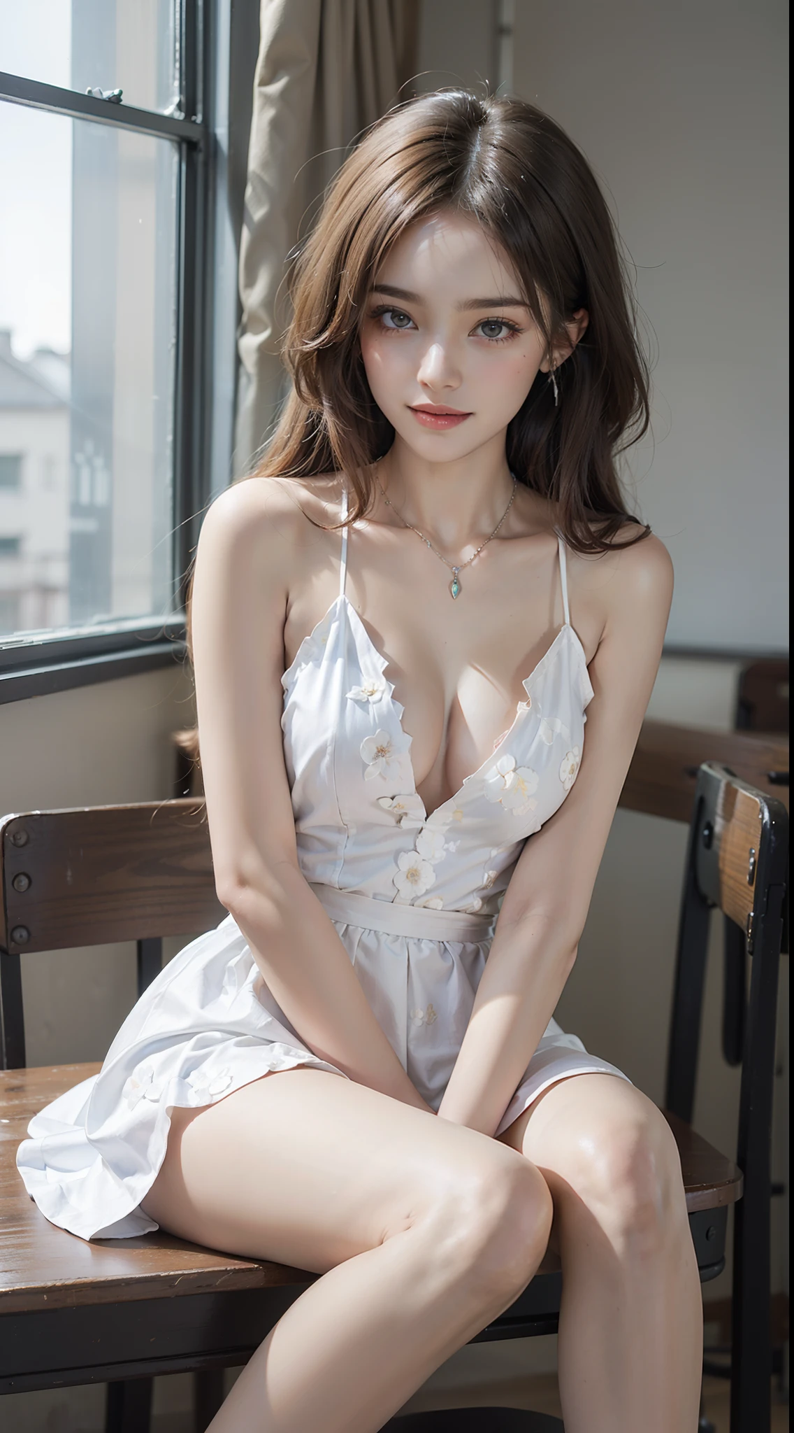 ((knee shot)), (Shooting from a frontal perspective), A young girl, In the classroom, Sit Pose, sitting on the classroom desk, posing elegantly, warm lights, a warm color palette, ((White floral dress, DEEP-V COLLAR, high-waist)), Detailed scenes, Long messy hair, Brownish-yellow hair, light make-up, Blushlush, Nice slender legs, (Extremely high color saturation), Detailed details, ultra-detailliert, (tmasterpiece, best qualtiy), (An extremely delicate and beautiful work), Delicate earrings, Delicate necklace, Simple blurred background, Extreme detail description, Ultra-fine painting, Delicate face, slim toned body, Slimming the waist, grin