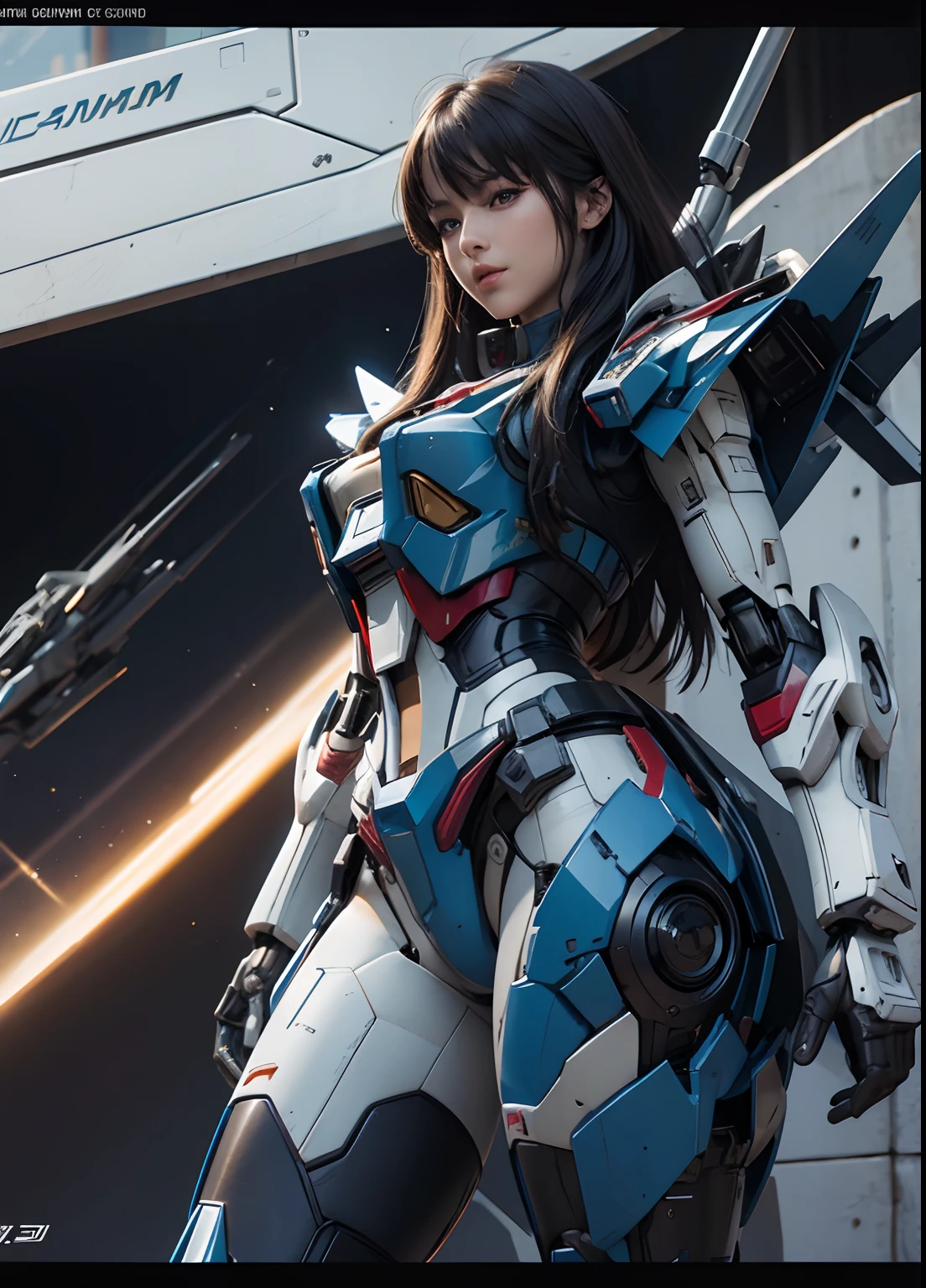Textured skin, Super Detail, high details, Best Quality, hight resolution, 1080p, hard disk, a beauty,She wears a futuristic Gundam mecha,(Gundam),Fulll body Shot