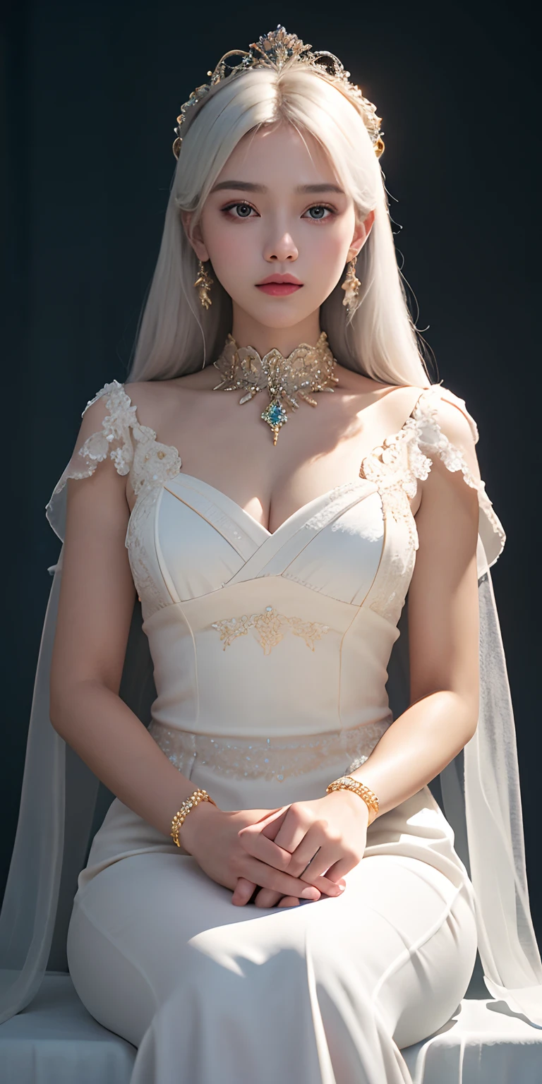 Masterpiece: 1.2), highest quality, (Illustration: 1.2), (Ultra detail), hyper detail, (delicate detail), (intricate detail), (cinematic light, highest quality backlight), clear line, from below, soloist, perfect body, (1 girl), white hair and yellow eyes, (emperor, black see-through clothes), , sit on the throne, close your eyes a little, bow your head, ( shy: 1.2), (makeup), high contrast, (best lighting, very creative and beautiful), (cinematic light), colorful,