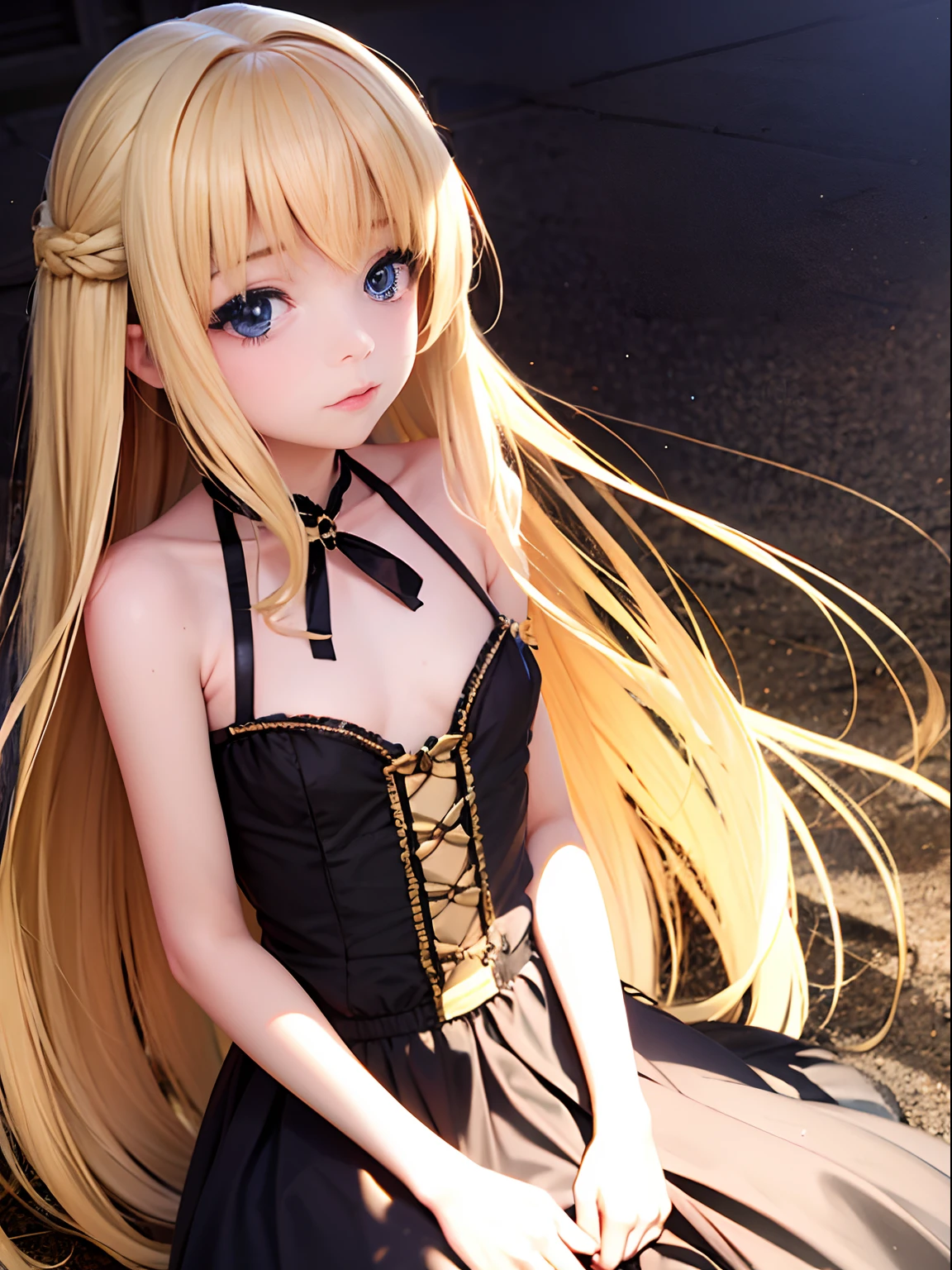 Real, 1 girl, a blond, Long hair, ***********, Golden Eyes, Shining eyes, (Small breasts: 1.2), Gothic ****ta Dresses, shot from front, Sun bath