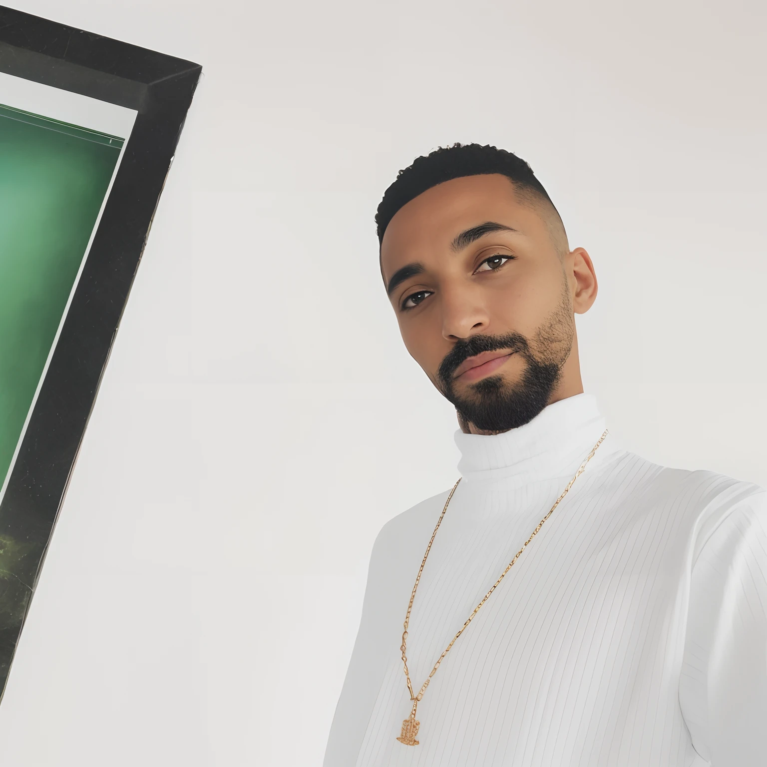 There's a man standing in front of a picture of a soccer ball, inspired by Raphaël Collin, inspired by Theo Constanté, imagem de qualidade muito baixa, Mkbhd, inspirado em Louis Le Nain, Riyahd Cassiem, taken in the early 2020s, masterpice de arte, wears an egyptian ankh necklace
