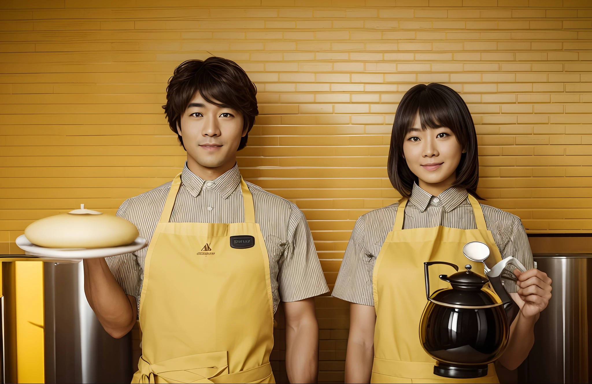 (in 8K、RAW Photography、top-quality、masterpiece:1.2)、(Best Quality、in 8K、nffsw:1.2)、Daytime Lighting、Professional Photography, advertising photography, SLR camera,High quality, Kodak portra 400, Male and female waiters, Having an omelet, Having a Coffee Pot, (Yellow background:1.8), Two people, Yellow apron, Yellow shirt with short sleeves, Yellow brick and timber walls,Bright interior,