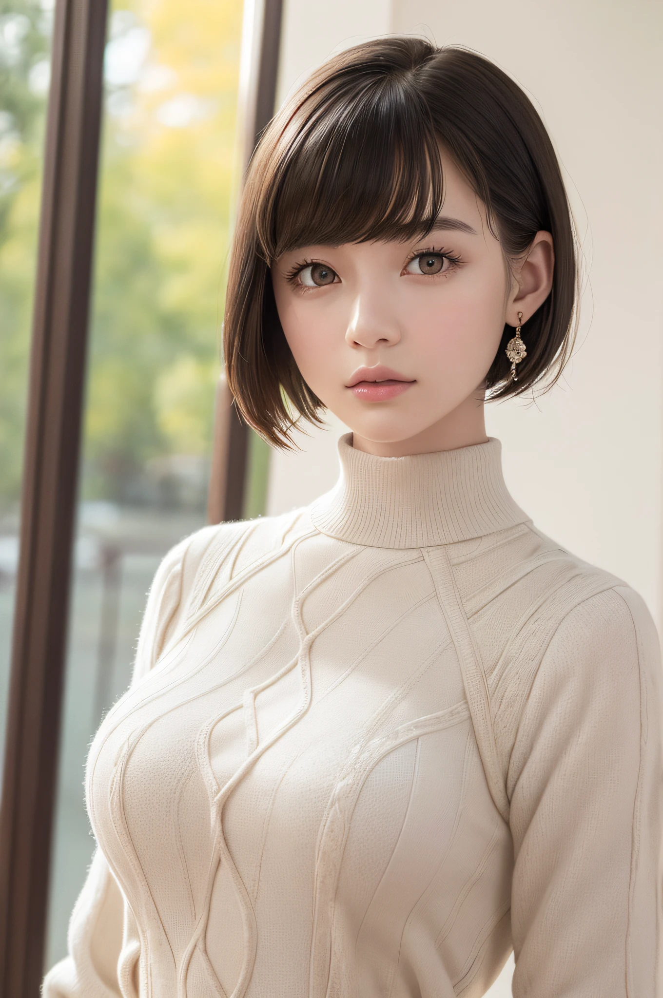(8k, RAW photos, top quality, masterpiece: 1.2), ultra detailed, super resolution, (real, real photos: 1.37), portraits, high definition RAW color photos, professional photos, very detailed and beautiful, highly detailed, 8k wallpapers, amazing details, huge file size, official art, highly detailed CG Unity 8k wallpapers, highly detailed beautiful girls, highly detailed faces, Highly Detailed Eyes, Highly Detailed Skin, Highly Detailed Fingers, Very Detailed Nose, Highly Detailed Detailed Mouth, Perfect Anatomy, Detailed Background, Detailed Clothes, One Girl, (20:1.2), 20s, Cute Girl, Realistic Body, Petite, White Skin, Radiant Skin, Slim Body, Black Hair, Short Hair, (Blunt Bangs: 1.2), Cute, Youthful, Pretty Face, Realistic Face, Delicate Eyes, Sale Eyes, ( (Fashionable winter clothes)), ((Up)), ((((Short hair)))), Earrings, Looking at the camera, Cowboy shot, Facing Front, Standing Posture, Contrapposto, Dynamic Lighting, C Cup Breasts,