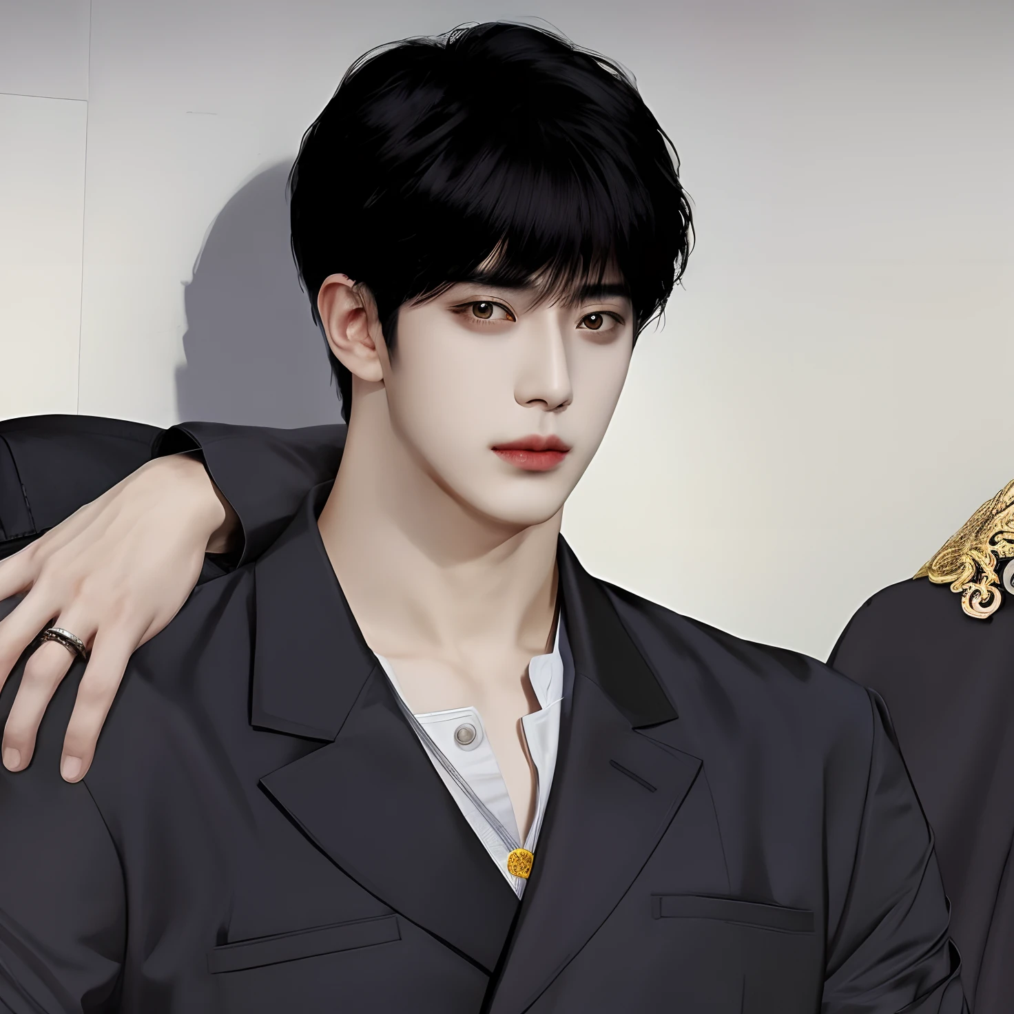 1men , manhwa man , black hair , yellow eyes, handsome, realistic clothes, detail clothes, simple background, ultra detail, realistic