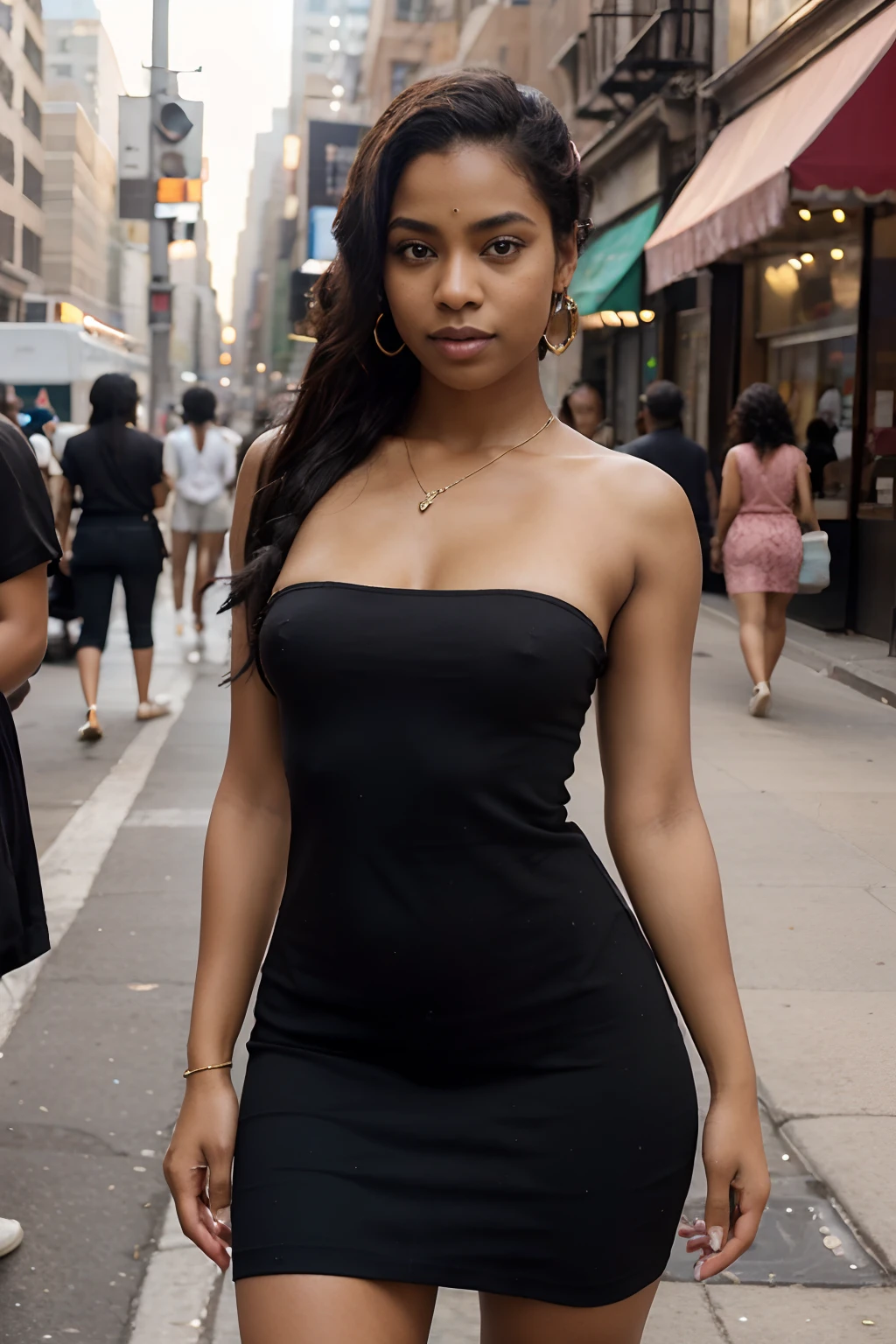 Black Woman,20's,Reggae hair,Light pink dress,American African,Beyoncéskin color,A woman on the street in New York,Sexy Dress,Woman on India,