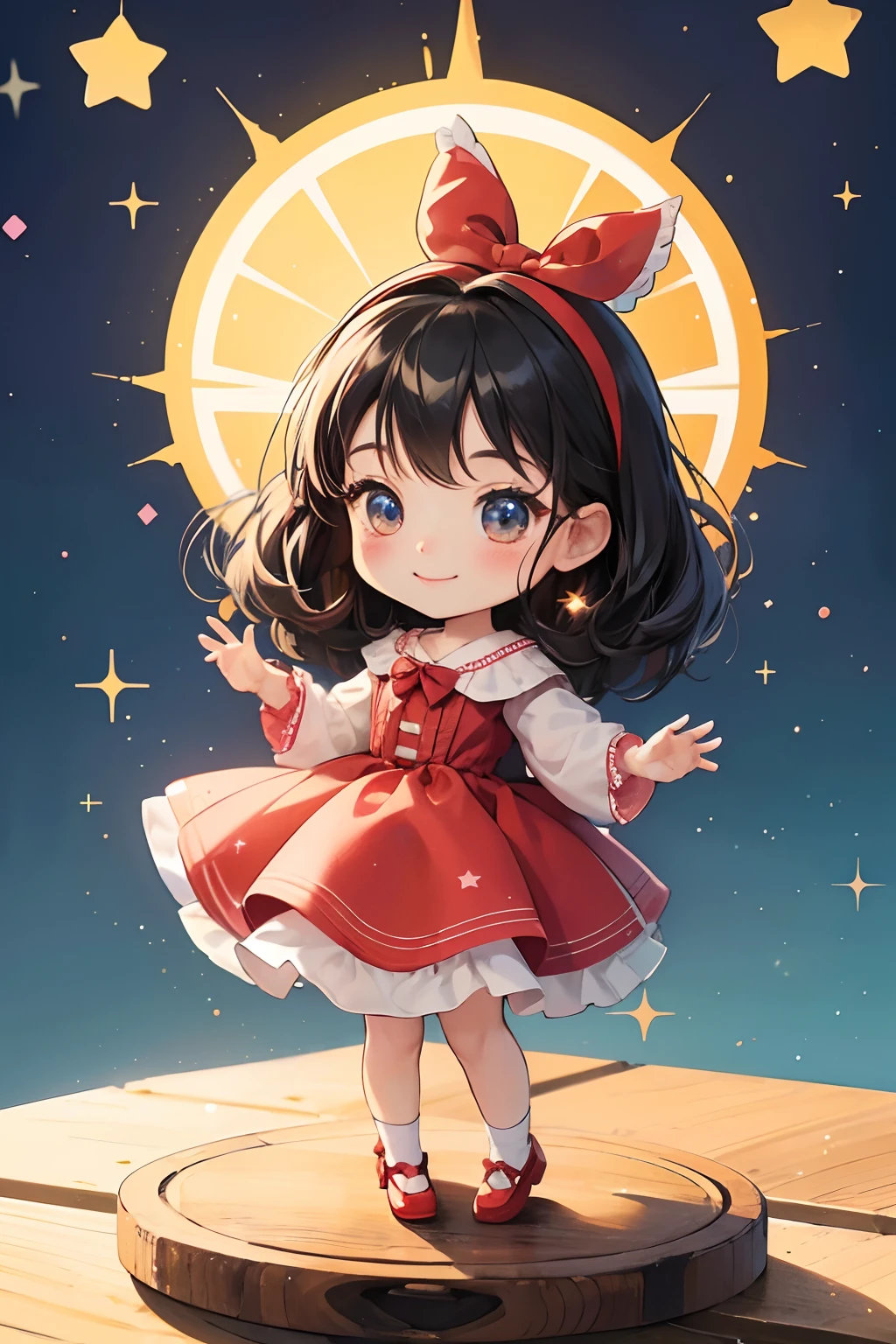 ((top-quality))、 ((masterpiece))、Place one small doll on a circular stand、kawaii pose、A smile、A dark-haired、Chibi Doll、Stars in the eyes(kirakira)、Raise your right hand、Eye Up、Laugh、Cute red shoes、Ultra Detail, radiant light、bio luminescent、Taken from the side、Stronger bokeh effect
