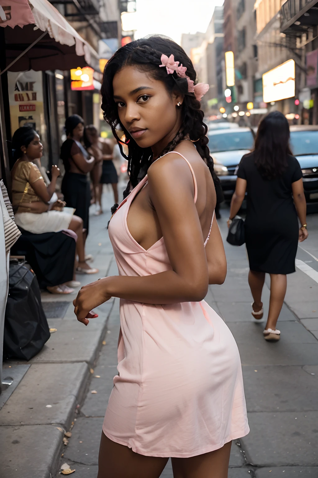 A black naked woman walking down street holding shopping bags