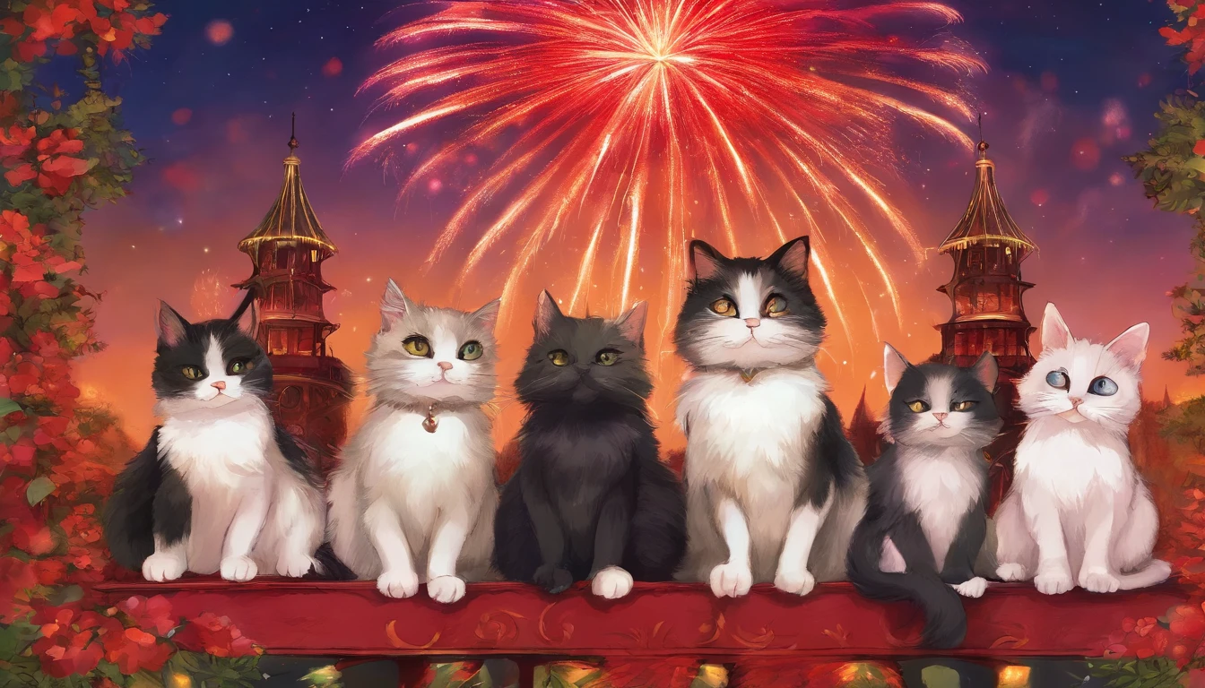 5 cats watching fireworks Fantastic atmosphere Picture book illustrations Overall, the color is strong red