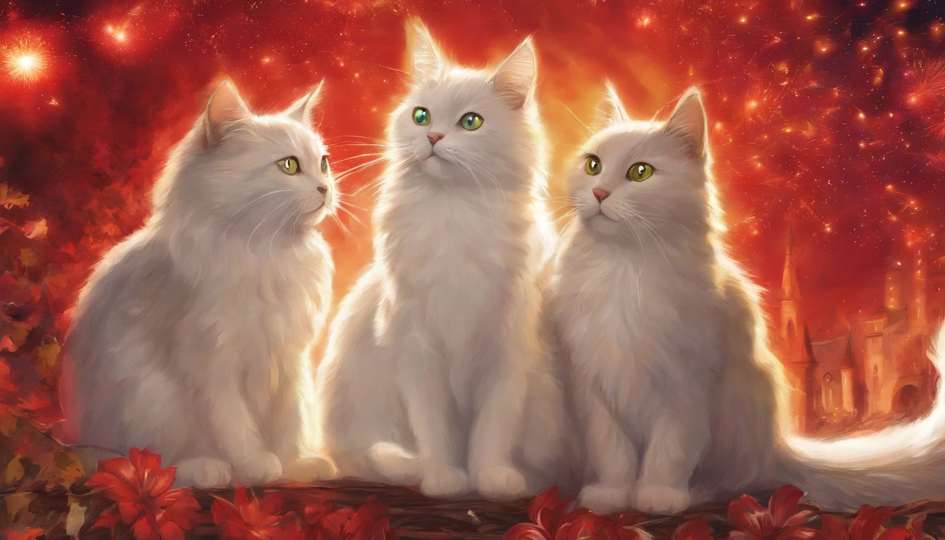 5 cats watching fireworks　Fantastic atmosphere　Picture book illustrations　Overall, the color is strong red