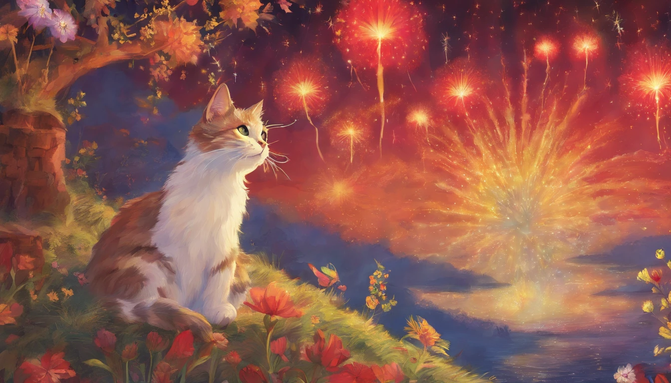 5 cats watching fireworks Fantastic atmosphere Picture book illustrations Overall, the color is strong red