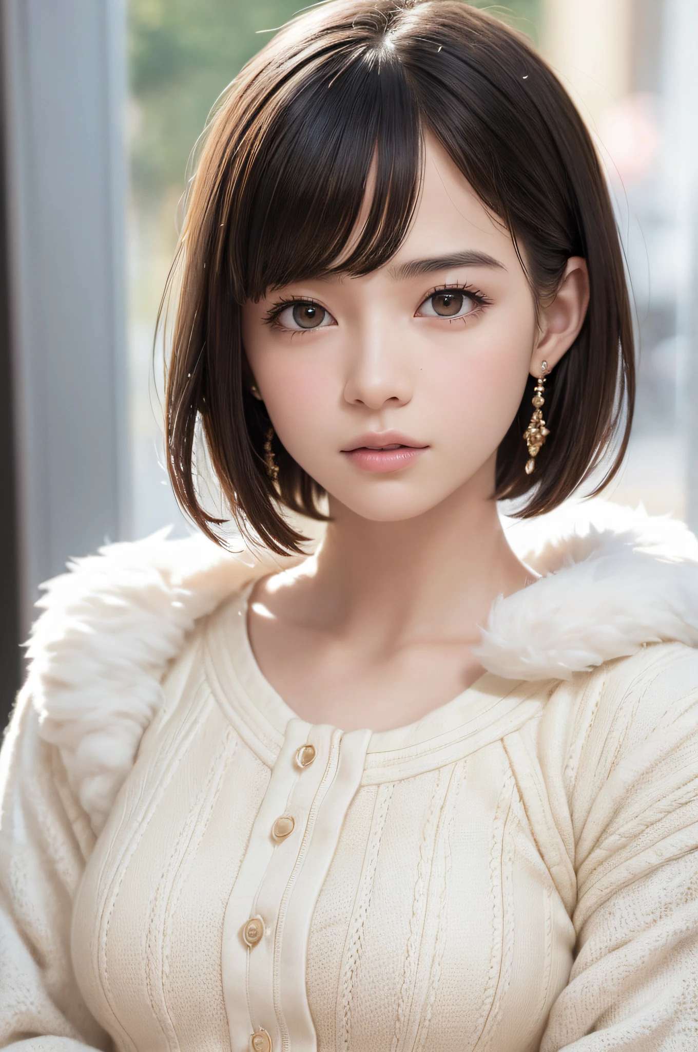 (8k, RAW photos, top quality, masterpiece: 1.2), ultra detailed, super resolution, (real, real photos: 1.37), portraits, high definition RAW color photos, professional photos, very detailed and beautiful, highly detailed, 8k wallpapers, amazing details, huge file size, official art, highly detailed CG Unity 8k wallpapers, highly detailed beautiful girls, highly detailed faces, Highly Detailed Eyes, Highly Detailed Skin, Highly Detailed Fingers, Very Detailed Nose, Highly Detailed Detailed Mouth, Perfect Anatomy, Detailed Background, Detailed Clothes, One Girl, (20:1.2), 20s, Cute Girl, Realistic Body, Petite, White Skin, Radiant Skin, Slim Body, Black Hair, Short Hair, (Blunt Bangs: 1.2), Cute, Youthful, Pretty Face, Realistic Face, Delicate Eyes, Sale Eyes, ( (Fashionable winter clothes)), ((Up)), ((((Short hair)))), Earrings, Looking at the camera, Cowboy shot, Facing Front, Standing Posture, Contrapposto, Dynamic Lighting, C Cup Breasts,