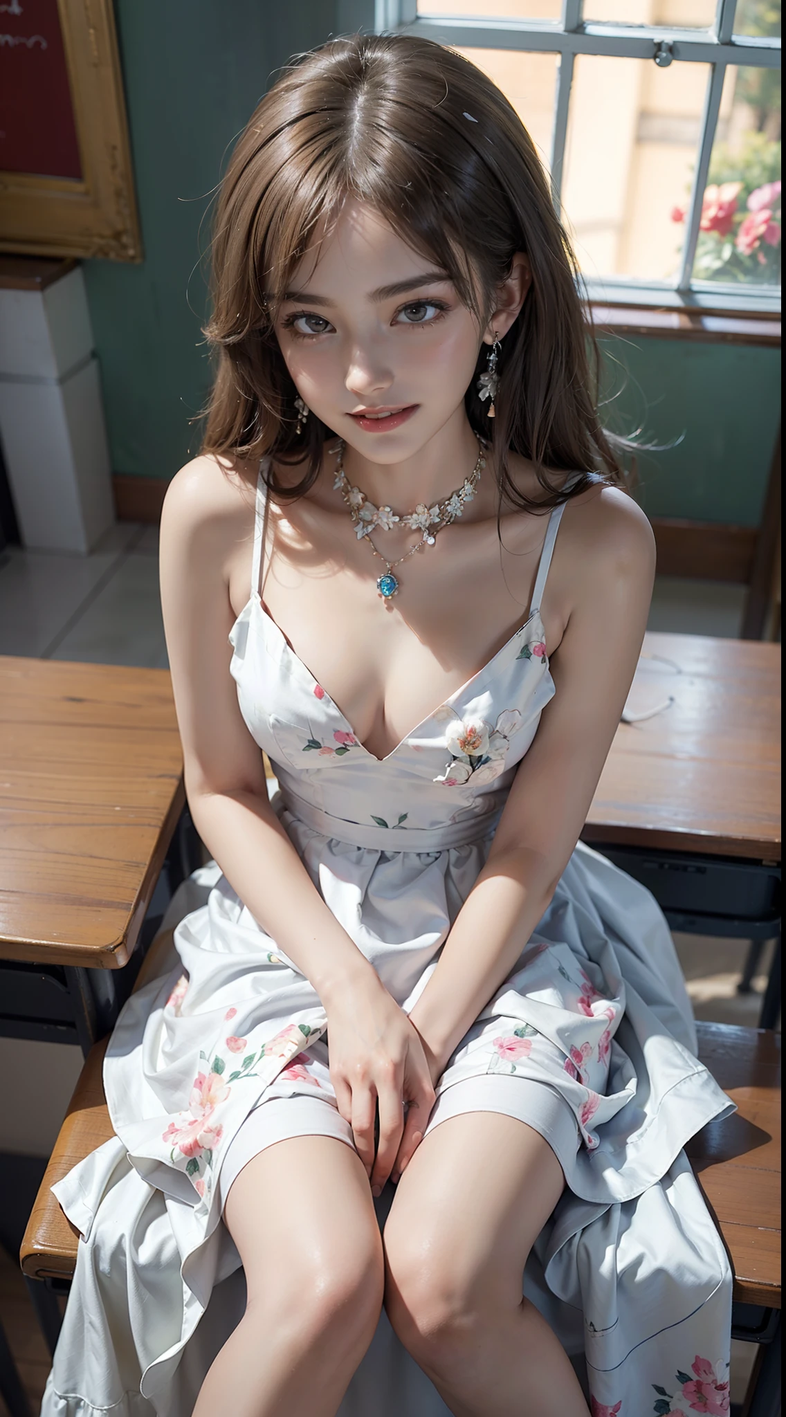((knee shot)), (from above), A young girl, In the classroom, Sit Pose, sitting on the classroom desk, posing elegantly, warm lights, a warm color palette, ((White floral dress, DEEP-V COLLAR, high-waist)), Detailed scenes, Long messy hair, Brownish-yellow hair, light make-up, Blushlush, Nice slender legs, (Extremely high color saturation), Detailed details, ultra-detailliert, (tmasterpiece, best qualtiy), (An extremely delicate and beautiful work), Delicate earrings, Delicate necklace, Simple blurred background, Extreme detail description, Ultra-fine painting, Delicate face, slim toned body, Slimming the waist, grin