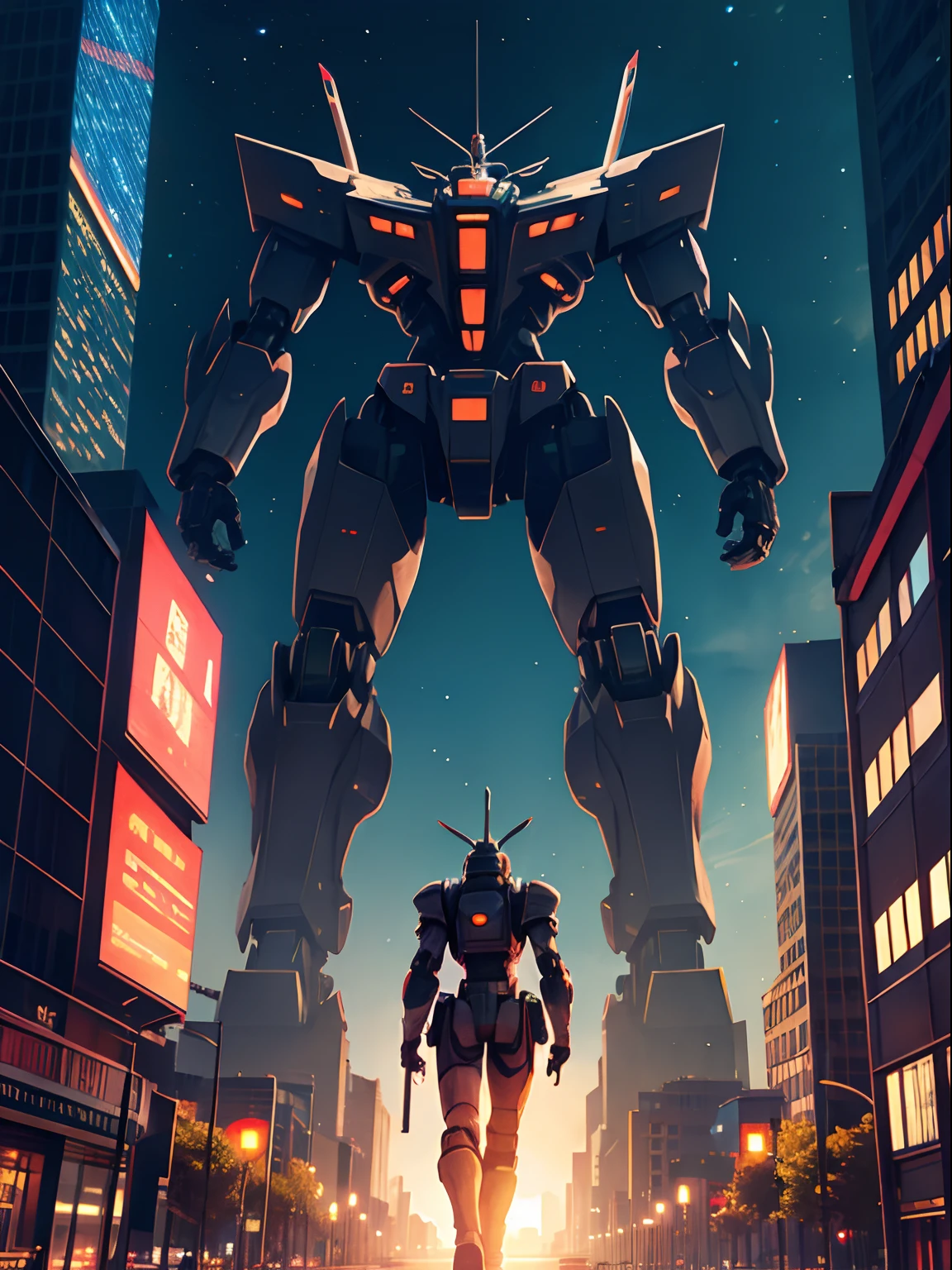 Huge giant mecha robot with weapons on hands, walking pose beside of tall skyscraper, night city time,