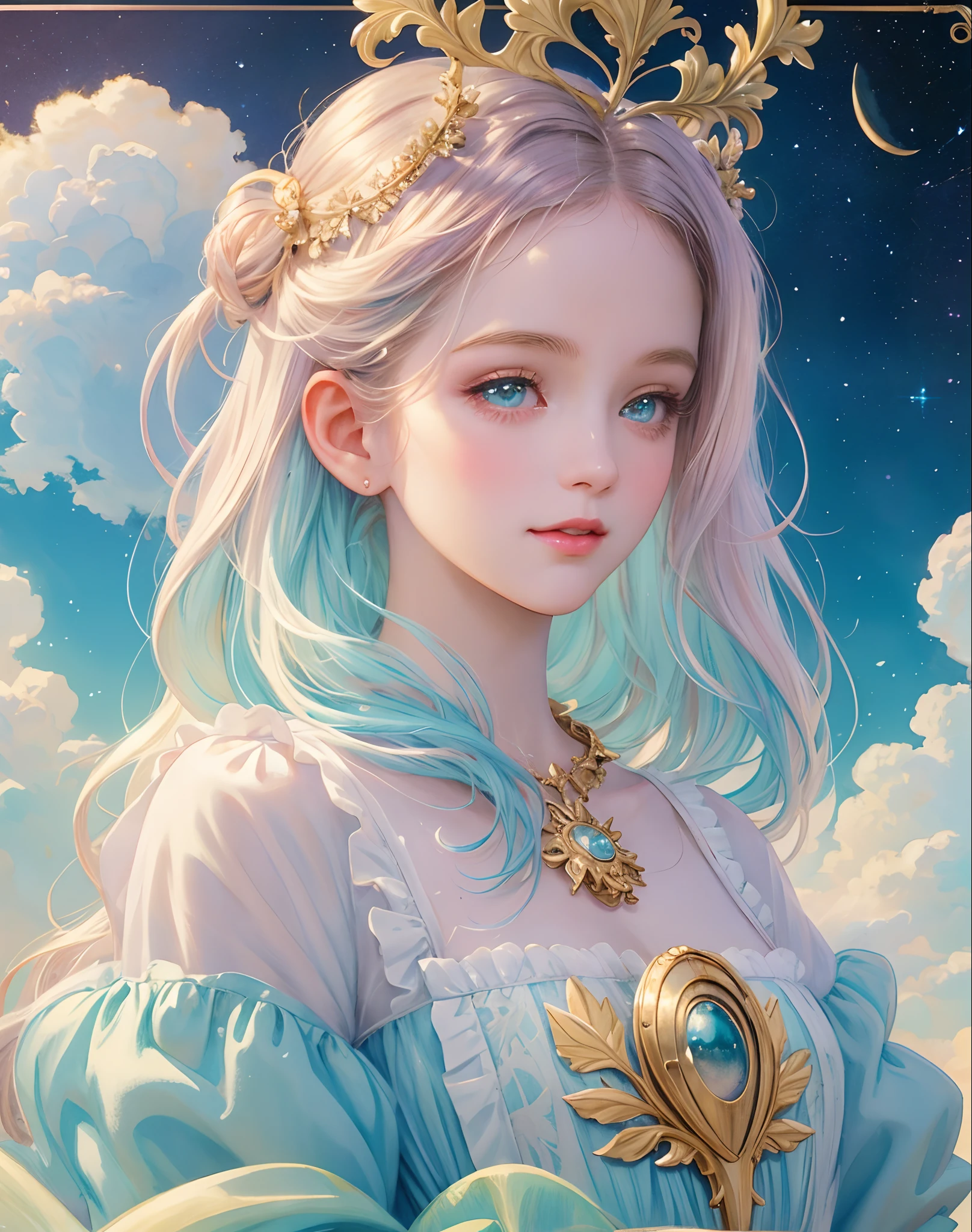 Princess girl with wing, Blue, Pastel, glitter, dramatic, dreamy, pastel, Watercolor, Whimsical, Delicate, seashell crown, Trending on Artstation, Highly detailed, Intricate, Portrait, digital painting, Fantasy theme, Fantasy robes, Fantasy concept art, Fantasy character art, Smug, Teenage girl, perfect body, full body, dreamy, pastel, Watercolor, Whimsical, Delicate, seashell crown, art by loish and lois van baarle, Trending on Artstation, Highly detailed, Intricate, Portrait, digital painting, (Cinematic Photo:1.3) of (Realistic:1.3),(Amusing:1.3) chibi, constellation, (1girl, solo:1.2), (chibi:1.3), eyeliner, eyelashes, looking at viewer, (shiny skin:0.16), (pale skin:0.33), (body blush:0.38), eyes beautiful, anime, realistic, masterpiece, best quality, movie still, cloud girl, floating in the sky, (close-up:1.1), bright, happy, fun, soft lighting,Highly Detailed,(Art Nouveau:1.3),(Baroque Art:1.3),(80s Art:1.3),naturalism,land Art,regionalism,shutterstock contest winner,trending on unsplash,featured on Flickr