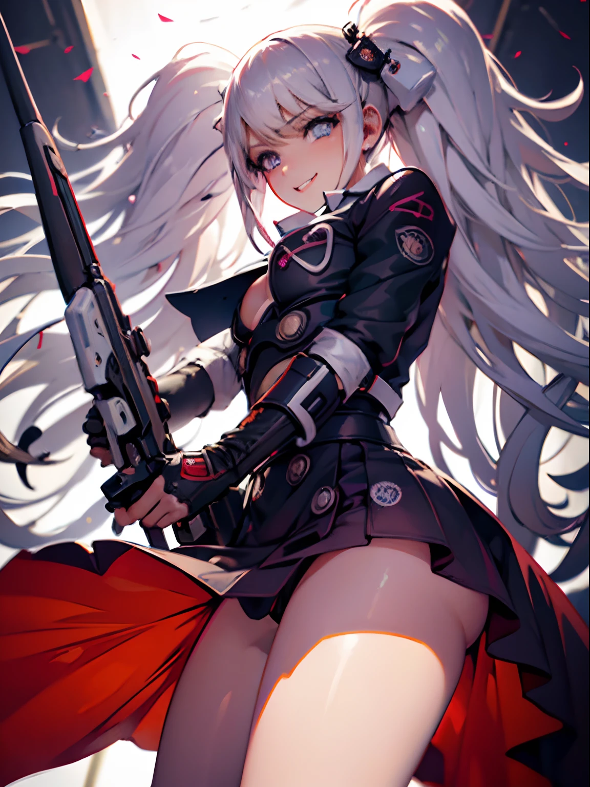 Monjas luchadoras。Motosierra en mano。Hold a Big Gun。Cara de Yandere。una sonrisa。bodystocking。El ombligo es visible。ojos rojos。Arreglo en cadena。Enredos de cadenas。garras afiladas。sexy。interior oscuro。