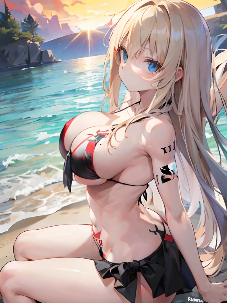 blonde hair, red eyes, Black Bikini, Pale-bodied, massive breasts, , Tattoo on the stomach, Very detailed