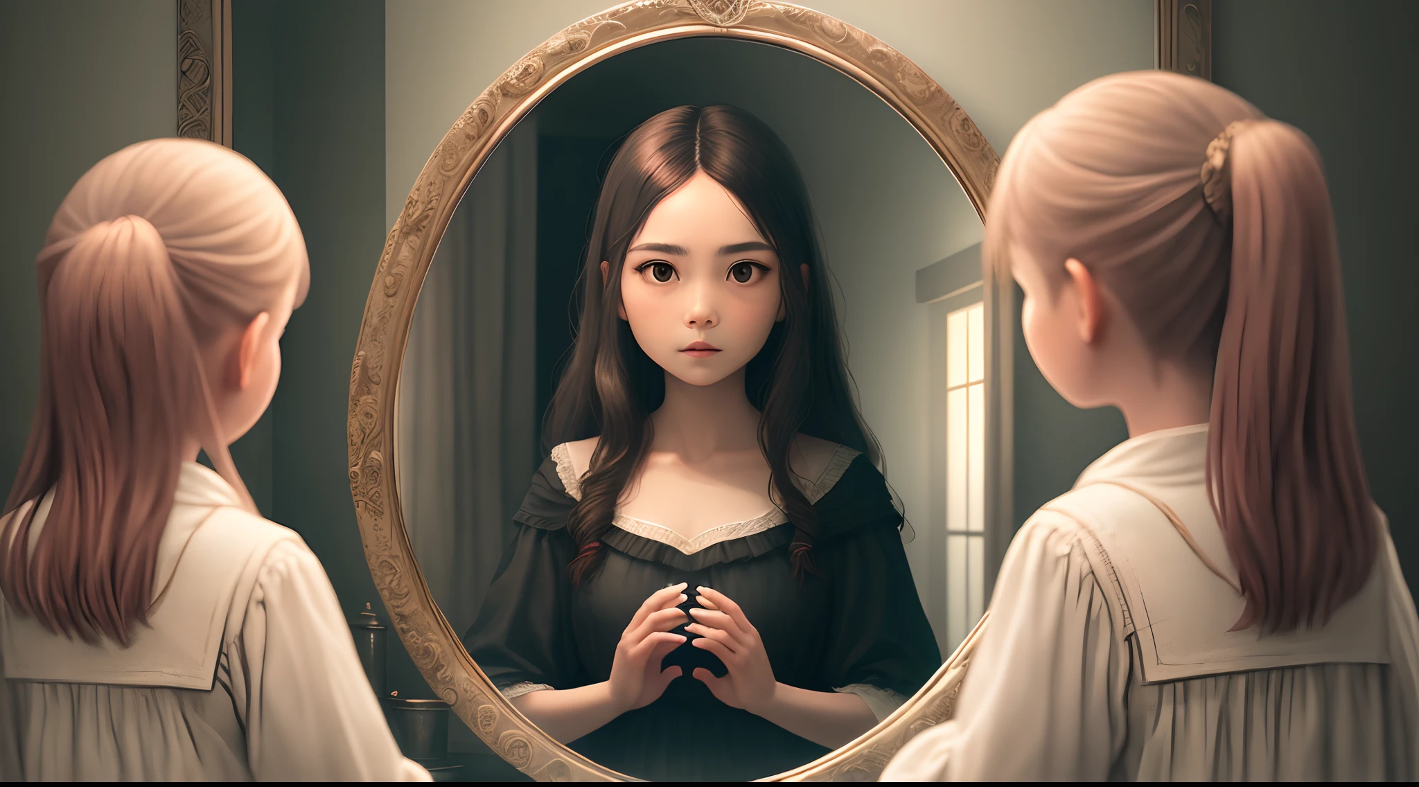 Visualize the moment when Maria encounters an ancient mirror reflecting a ghostly figure standing behind her