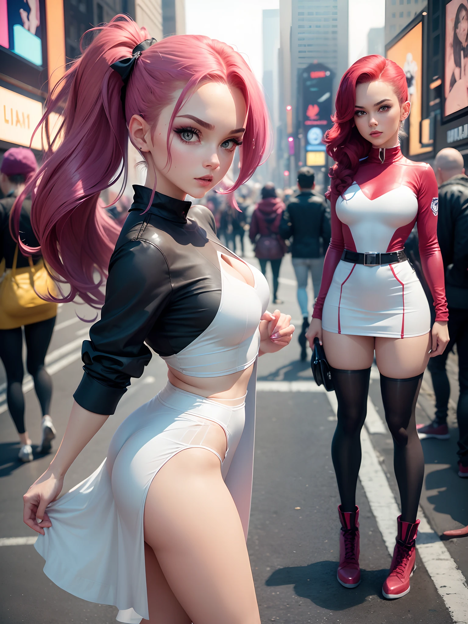 In new york, time square, beautiful woman, 25 years old, style, jessie is a member of team rocket, more specifically part of the pokemon anime, usually trying to steal ash's pikachu. She is typically portrayed as, Age 26, female, big blue eyes, long hot pink, magenta and red hair, Team Rocket Uniform: Jessie's most iconic outfit is the Team Rocket uniform, which consists of a short white dress. with a red "R" on his chest and tall white boots. She also wears white gloves and a red band on her left arm. In New York, (athletic body: 1.4), (hanging breasts: 1.3), (full breasts: 1.4), (realism: 1.5), (Realisitc: 1.4), (Absurdity: 1.4), 8k, ultra-detailed, Woman beautiful detailed, (Only one: 1.4), 1girl, (Viewer facing: 1.2),