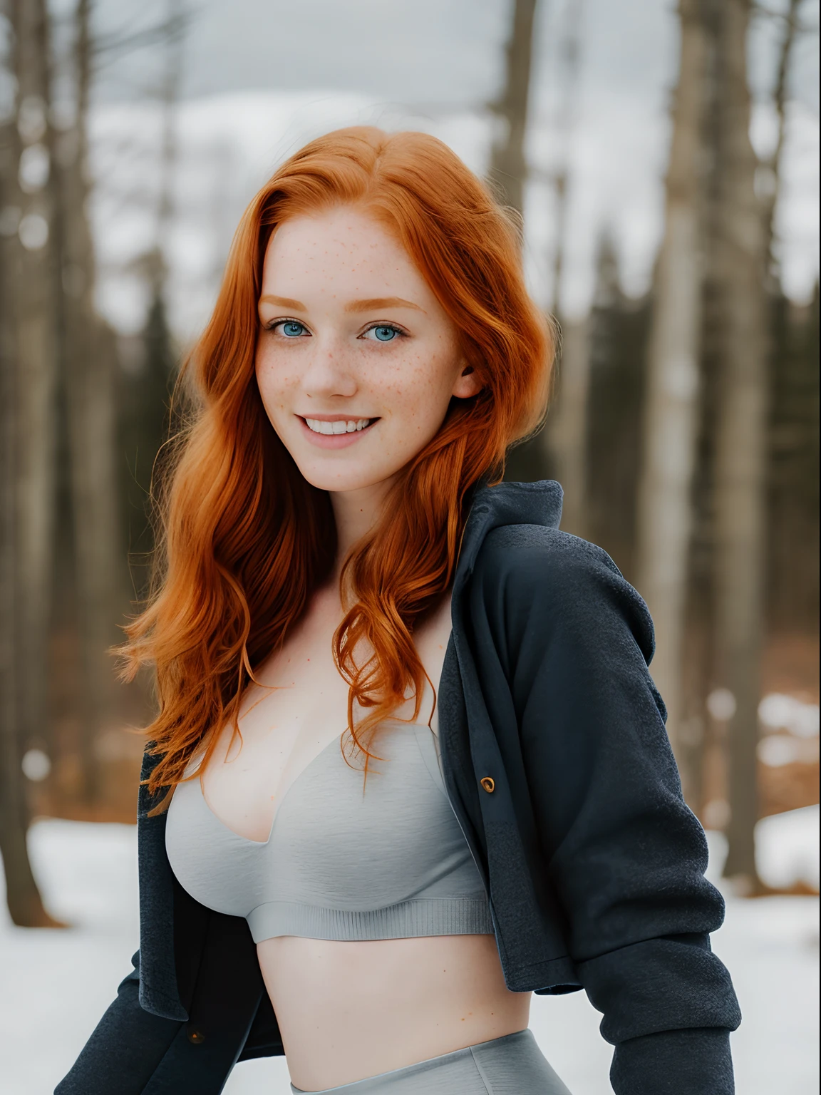 (1girl in, age19, Solo, Aesthetic artwork, irish redhead, wavy ginger hair, shoulder length ginger hair, light grey eyes, some small freckles, smiling, pale skin, A-cup, small breasts, runners body, (textured skin, skin pores:1.1), (moles:0.8), imperfect skin, goosebumps, wearing dark gray jacket, wearing navy blue leggings, empty trees, early winter, no snow, mountains, blury background, (back to camera, 1.25), (extremely detailed 8k wallpaper), (hard lighting), high quality, film grain, Fujifilm XT3 sharp focus, f 5.6, 50mm, High Detail, Sharp focus, (natural light), crazy details, complex details, hyperdetailed