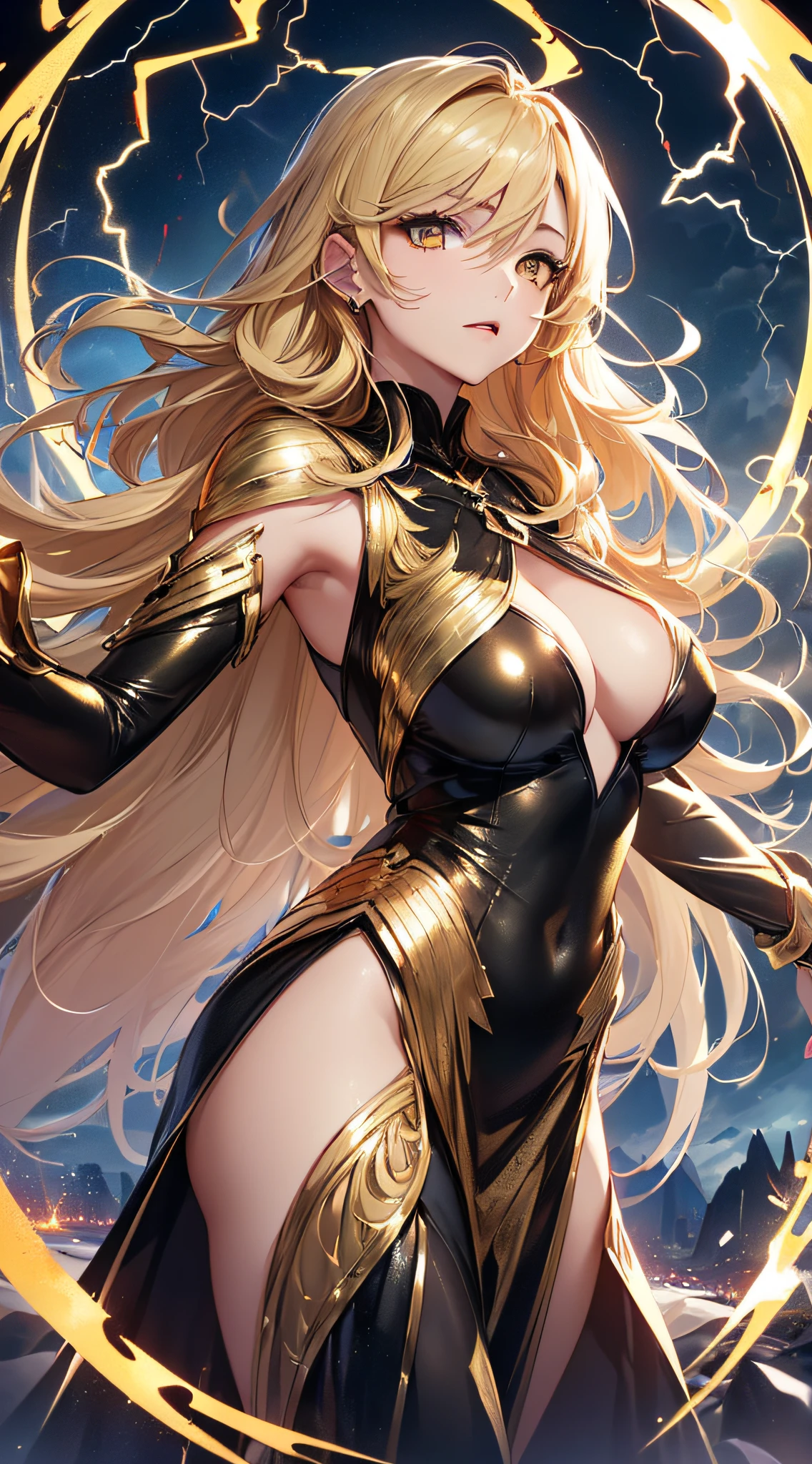 top-quality、Top image quality、​masterpiece、girl with((18year old、Best Bust、big bast、Bust 85,beautiful golden eyes、Breasts wide open,Blonde long hair、A slender、Large valleys、Black and gold dress、Goldcloak,Reflecting the whole body、Open your arms、Gold ring on wrist、Shoot lightning from your hands)）hiquality、Beautiful Art、Background with((nigh sky、black clouds、lightning bolt、Intense thunder、Thunderbolt、Red thunder、Blue lightning strike、Gold Thunder)))masutepiece、visualart、depth of fields、sky at night