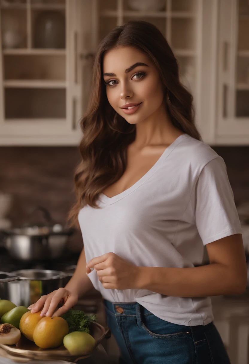 Arafed woman in sexy T-shirt, cooking, Sexy girl with brown eyes, portrait sophie mudd, brown hair and large eyes, selfie of a young woman, Chamber eyes, violet myers, no makeup, natural makeup, looking straight at camera, face with artgram, fine makeup, Excellent full-length photography, cleavage