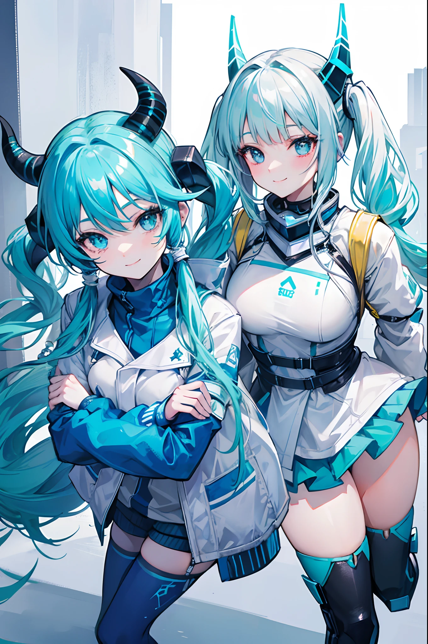 Nijilorahorn A Pertty Nijiboy With Crystal - Clear Horns, In blue and green ski clothes, twintails, Big Beautiful ODD Eyes, Big Warm Smile, Cyber Holes on the Streets of a Desert City