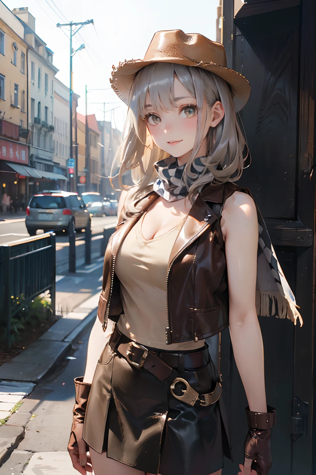 a 20 yo woman、a blond、Big smile、turned around、(hi-top fade:1.3)、dark themed、Muted Tones、Subdued Color、highly contrast、(natural skin textures、Hyper-Realism、Soft light、sharp)、<Quality Improvement Prompts>
<Character appearance、Background and other prompts>
BREAK (beige and brown theme:1.4), (ten-gallon hat:1.5), (wear a (open beige leather vest) over a white tank top:1.5), ((sleeveless, bare shoulders, cleavage):1.3), (beige mini-skirt with fringe:1.4),
BREAK (white inner:1.2), (checkered-pattern cowboy-scarf:1.2), (silver oval belt-buckle:1.3), (western-boots with spur:1.1), (holster on belt:1.3), (brown leather gloves:1.2),
<expressioness、illuminating、Other Prompts>