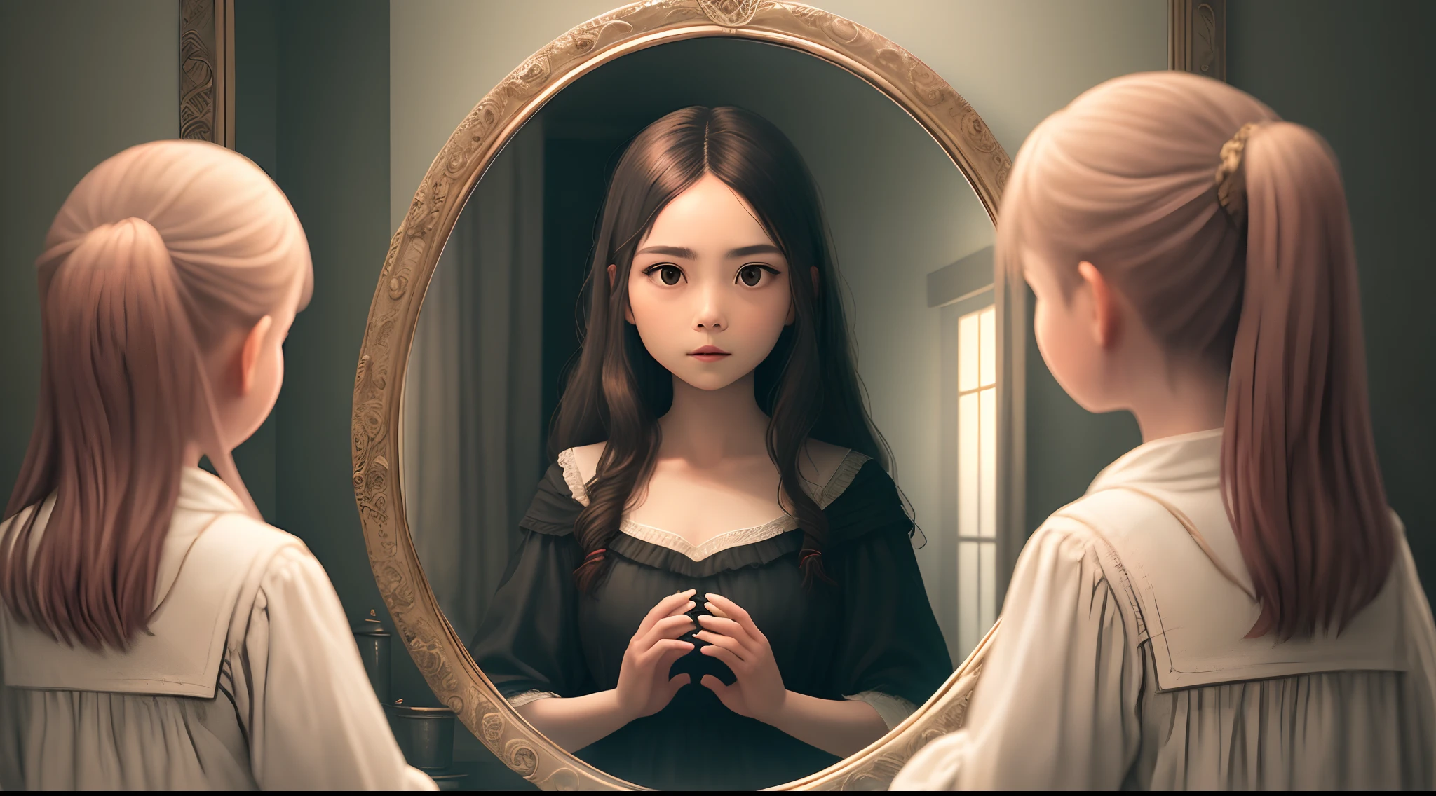 Visualize the moment when Maria encounters an ancient mirror reflecting a ghostly figure standing behind her