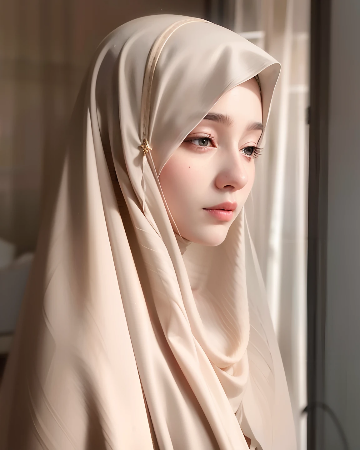 there is a arabic woman wearing a hijab looking out a window, hijab, veiled, white hijab, veiled face, beautiful delicate face, very beautiful girl, lovely delicate face, pale-skinned persian girl, beautiful, beautiful arab woman, high quality portrait, portait photo profile picture, traditional beauty, very extremely beautiful, muslim, beautifully, beautiful girl, beautiful image,  detail face