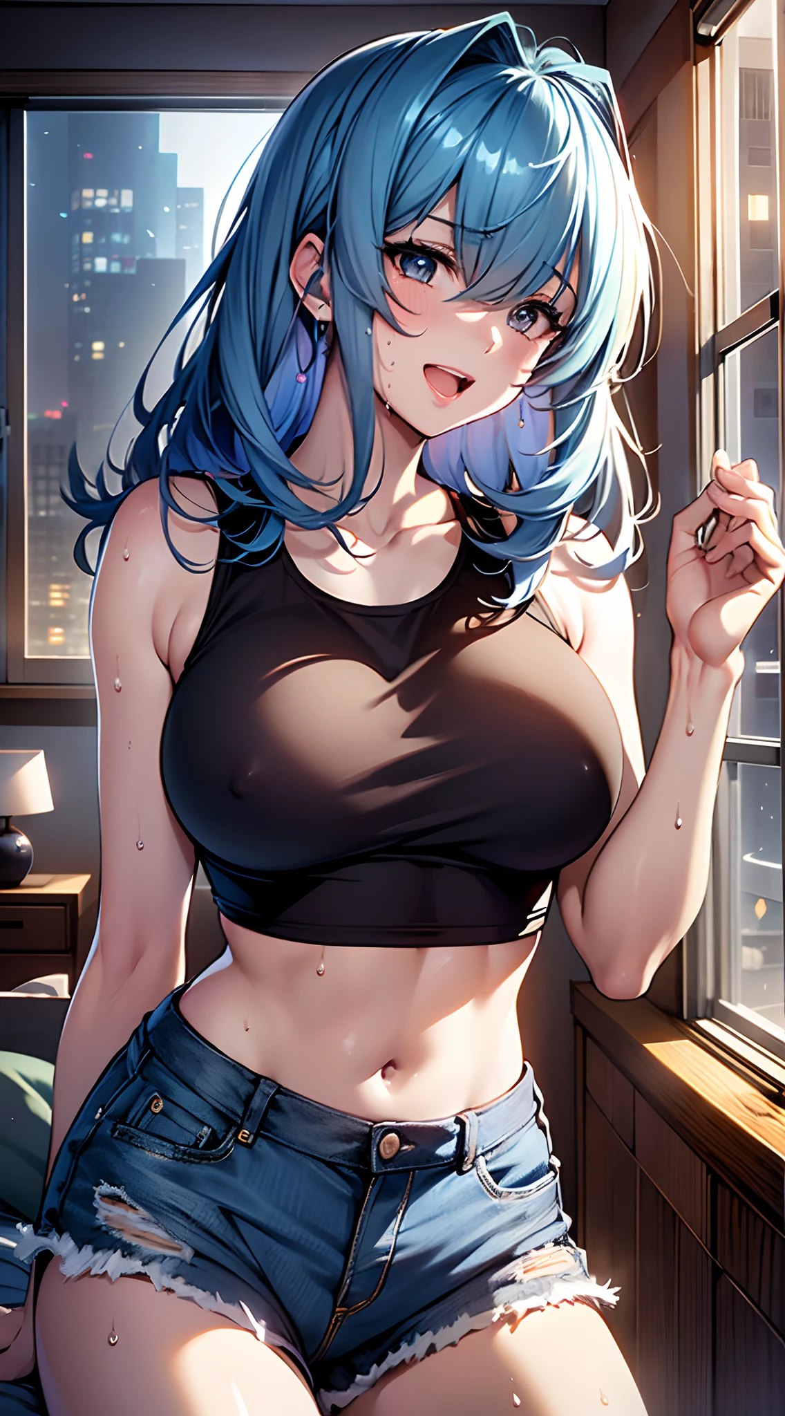 top-quality、supreme1People Girls,hightquality,, ((masuter piece)), ((High resolution)), ((Best Quality)), NSFW、detail, (Excited face.Very happy,), ((Skin shiny with sweat)), (Tank Tops:1.1、hotpants)、 girl with, Blue-haired, (Straight、Bangs Patsun)、Spans the top:1.5、fair white skin:1.3、、Colossal tits, cinmatic lighting, perfectly shaded,(((Bedroom at night:1.3、a bed))), Realistic lighting with shades,