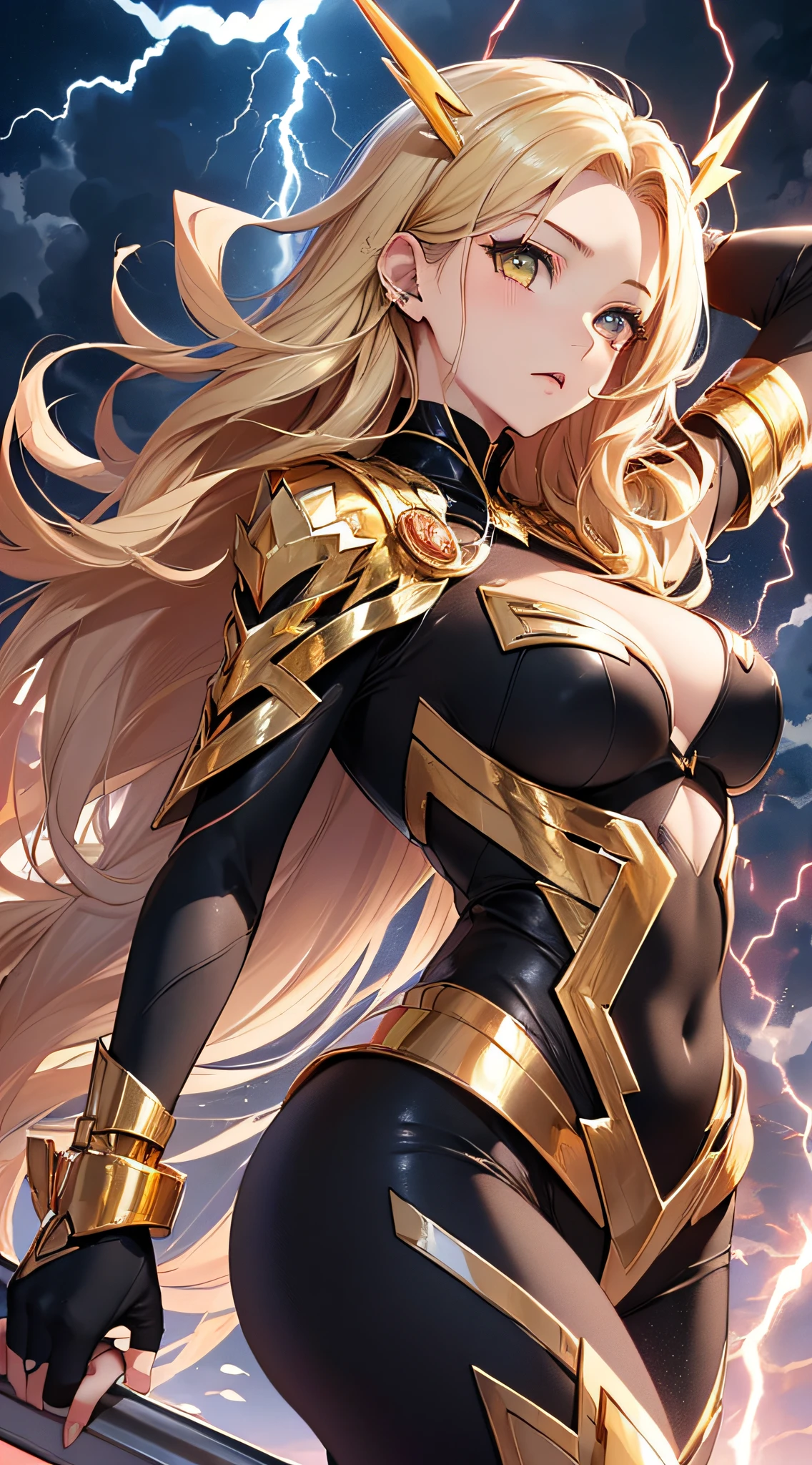 top-quality、Top image quality、masterpiece、girl with((18year old、Best Bust、big bast、Bust 85,beautiful golden eyes、Breasts wide open,Blonde long hair、A slender、Large valleys、Gold Bodysuit,Reflecting the whole body、Open your arms、Gold ring on wrist、Shoot lightning from your hands、Leaning forward))hiquality、Beautiful Art、Background with((nigh sky、black clouds、lightning bolt、Intense thunder、Thunderbolt、Red thunder、Blue lightning strike、Gold Thunder)))masutepiece、visualart、depth of fields、sky at night