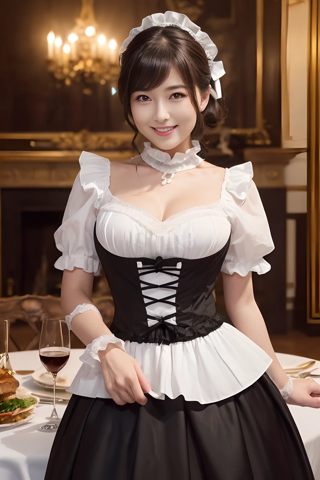 ((1 beautiful maid,Adult maid,30-years old,victorian maid, black and white maid uniform,Maid clothes with frills,Luxury maid clothes,Long skirt, Victorian Maid Costume,Wearing maid clothes,The background is the VIP room,Rooms in the mansion,mansion,Luxurious room,Detailed décor of a classy VIP room,Sumptuous dining table,Sumptuous feast,Feasts are lined up,Luxurious tables,Elegant standing maid)),(Emphasize body lines,large full breasts,The biggest smile staring at the camera,Looking at the camera,Top image quality, Top image quality, masterpiece, White teeth,Perfect smile,A big smile staring at the camera,high-definition RAW color photography, professional photograpy, extremely delicate and beautiful, Extremely detailed,finely detail, Huge file size,Top image quality,8K,Photos taken with a single-lens reflex camera)