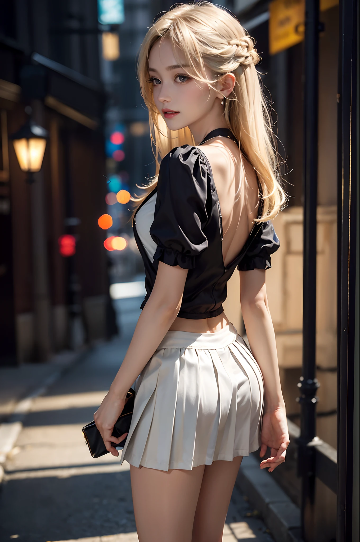 ((cowboy shot)), (from side), A young girl, the night, lamplight, streetview, Street photography, Cross ed leg, posing elegantly, warm lights, a warm color palette, ((White color blouse, DEEP-V COLLAR, a black pleated skirt)), Detailed scenes, Long messy hair, Brownish-yellow hair, light make-up, Blushlush, Nice slender legs, (Extremely high color saturation), Detailed details, ultra-detailliert, (tmasterpiece, best qualtiy), (An extremely delicate and beautiful work), Delicate earrings, Delicate necklace, Simple blurred background, Extreme detail description, Ultra-fine painting, Delicate face, slim toned body, Slimming the waist, grin