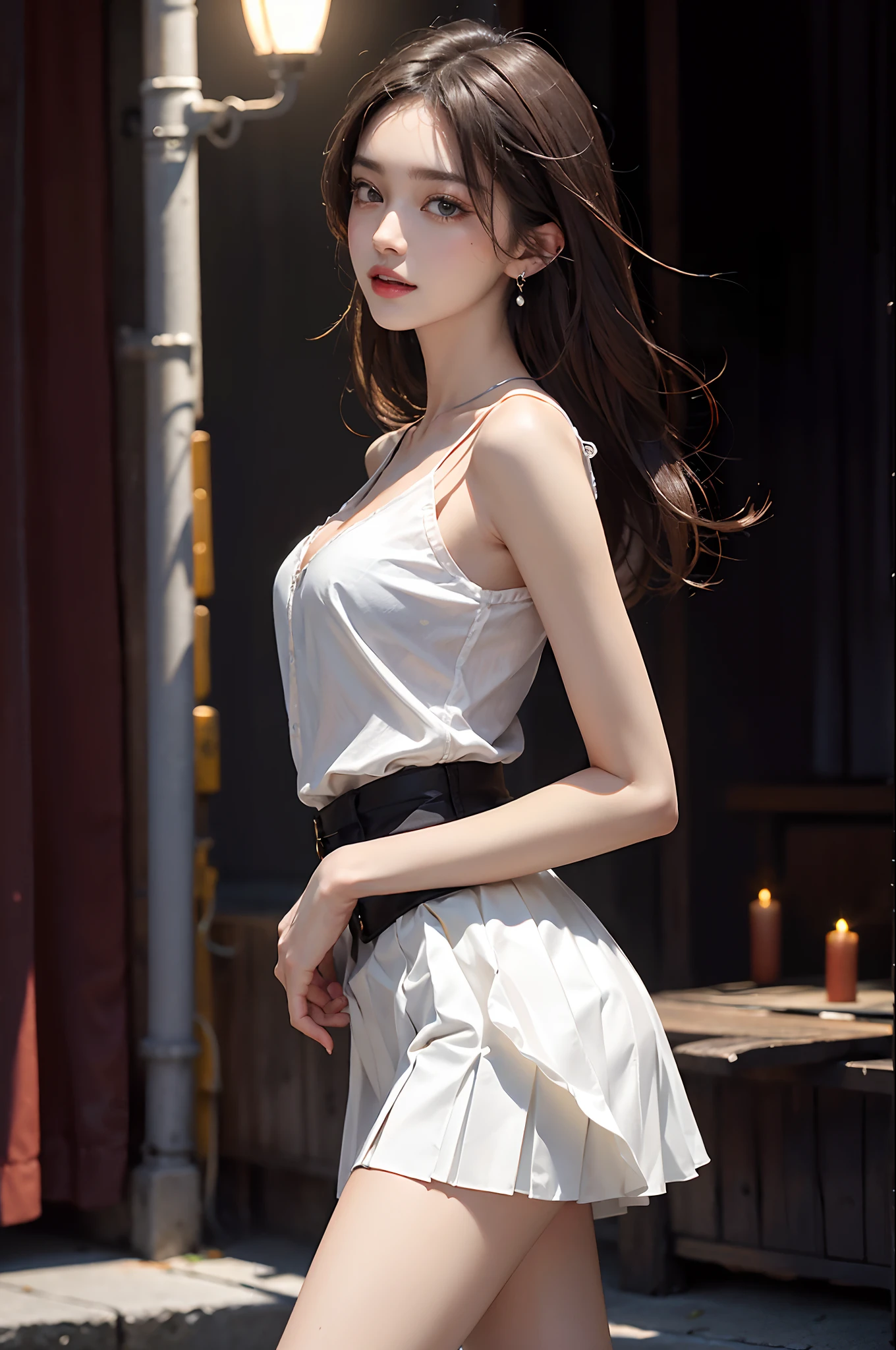 ((cowboy shot)), (from side), A young girl, the night, lamplight, streetview, Street photography, Cross ed leg, posing elegantly, warm lights, a warm color palette, ((White color blouse, DEEP-V COLLAR, a black pleated skirt)), Detailed scenes, Long messy hair, Brownish-yellow hair, light make-up, Blushlush, Nice slender legs, (Extremely high color saturation), Detailed details, ultra-detailliert, (tmasterpiece, best qualtiy), (An extremely delicate and beautiful work), Delicate earrings, Delicate necklace, Simple blurred background, Extreme detail description, Ultra-fine painting, Delicate face, slim toned body, Slimming the waist, grin