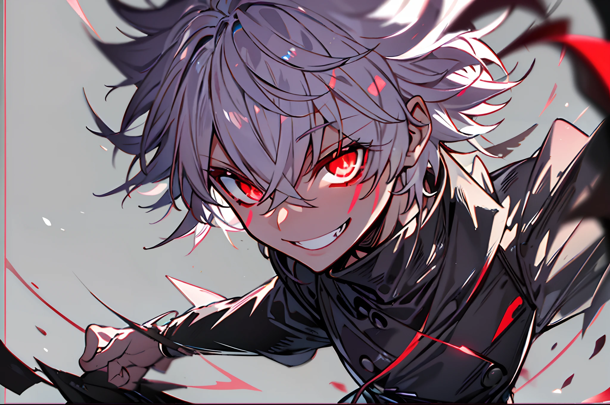 hight resolution,close range、Anime boy with white hair and red eyes staring at camera, Glowing red eyes,slim, dressed in a black outfit,Shadow Body,Brown skin、monochromes,hair messy,Aggressive smile、Diagonal angle