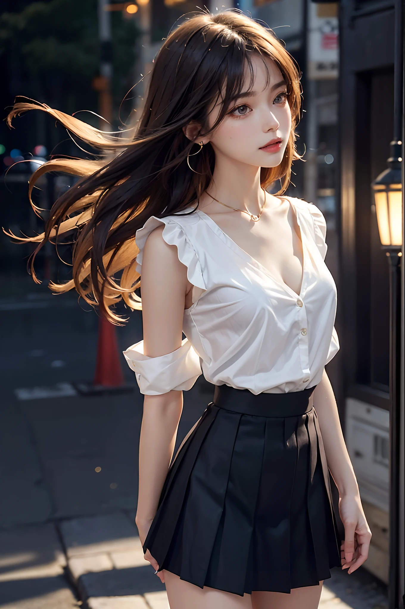((cowboy shot)), (from side), A young girl, the night, lamplight, streetview, Street photography, Cross ed leg, posing elegantly, warm lights, a warm color palette, ((White color blouse, DEEP-V COLLAR, a black pleated skirt)), Detailed scenes, Long messy hair, Brownish-yellow hair, light make-up, Blushlush, Nice slender legs, (Extremely high color saturation), Detailed details, ultra-detailliert, (tmasterpiece, best qualtiy), (An extremely delicate and beautiful work), Delicate earrings, Delicate necklace, Simple blurred background, Extreme detail description, Ultra-fine painting, Delicate face, slim toned body, Slimming the waist, grin