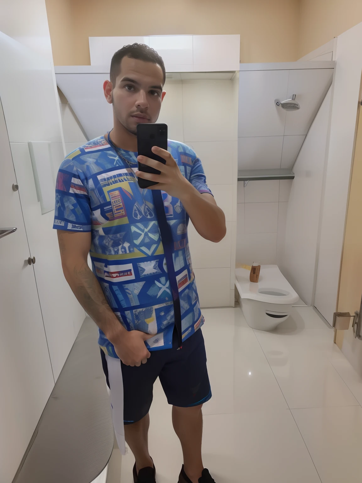 there is a man taking a selfie in a bathroom mirror, at the world cup, very very low quality picture, full body picture, 🔞🤡, frontal picture, low quality photo, caio santos, by Benjamin Marra, full body!!, mohamed reda, vacation photo, in full growth, in sao paulo, by Willian Murai