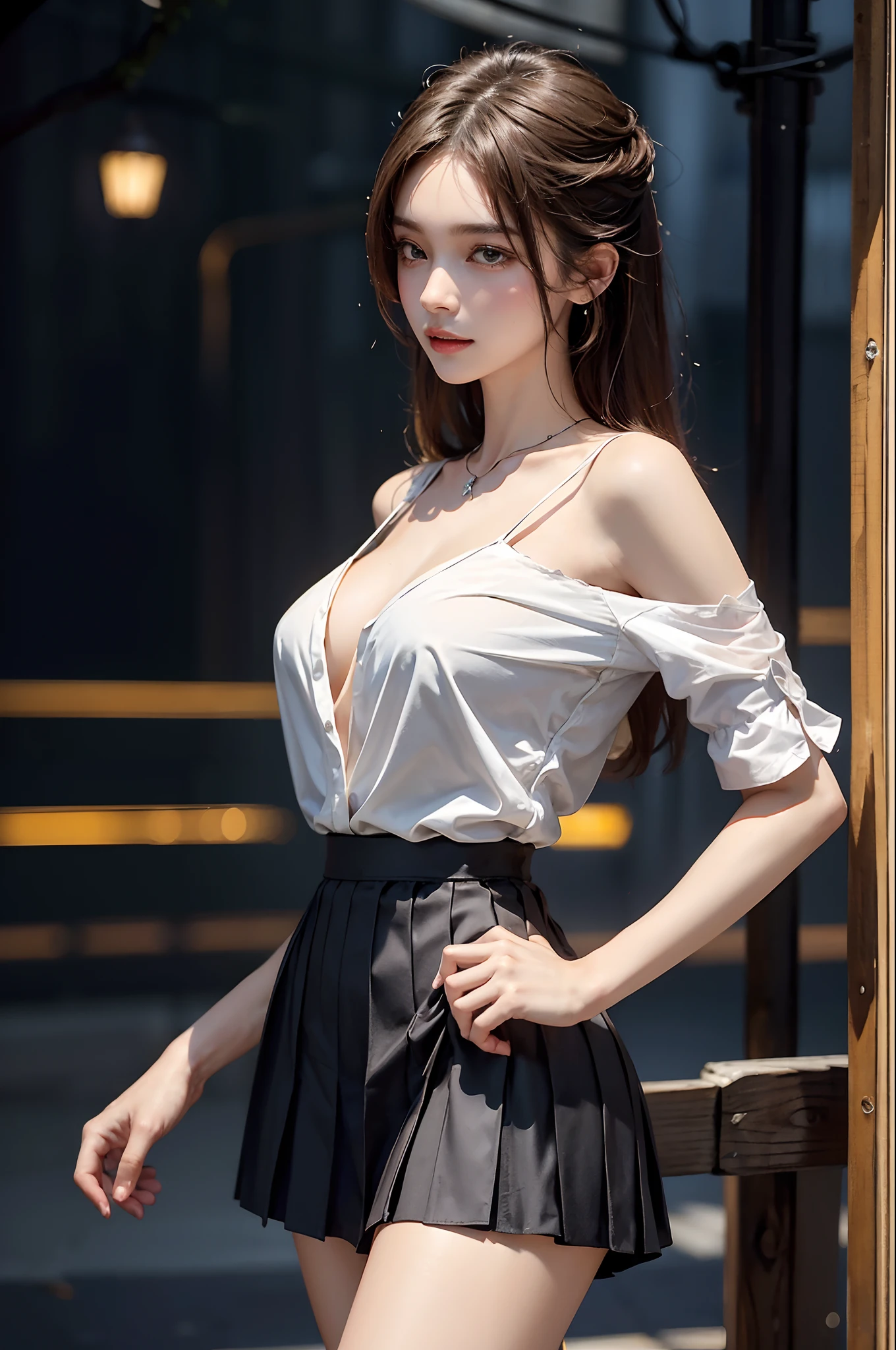 ((cowboy shot)), (from side), A young girl, the night, lamplight, streetview, Street photography, Cross ed leg, posing elegantly, warm lights, a warm color palette, ((White color blouse, DEEP-V COLLAR, a black pleated skirt)), Detailed scenes, Long messy hair, Brownish-yellow hair, light make-up, Blushlush, Nice slender legs, (Extremely high color saturation), Detailed details, ultra-detailliert, (tmasterpiece, best qualtiy), (An extremely delicate and beautiful work), Delicate earrings, Delicate necklace, Simple blurred background, Extreme detail description, Ultra-fine painting, Delicate face, slim toned body, Slimming the waist, grin