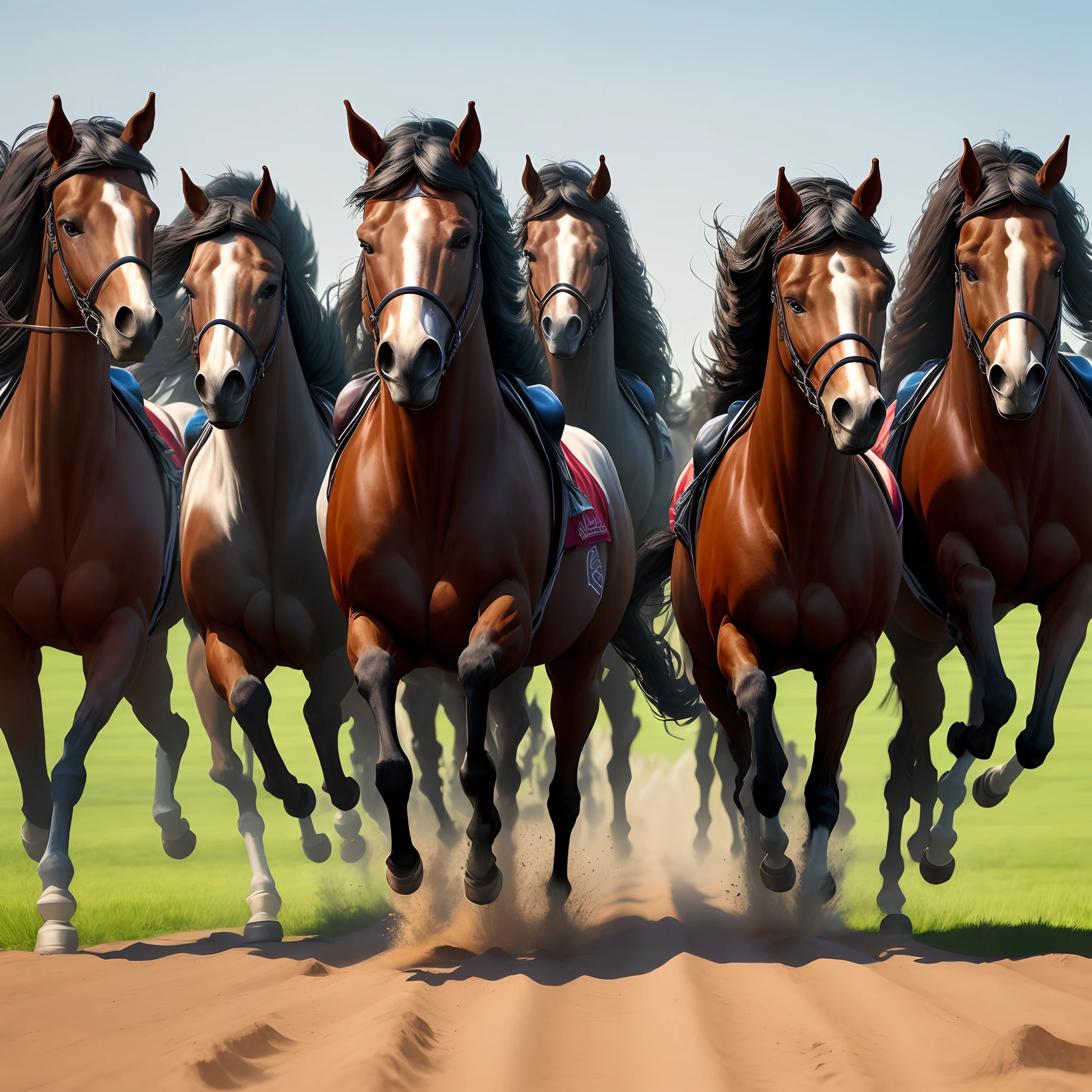 Nine horses gallop in the steppe