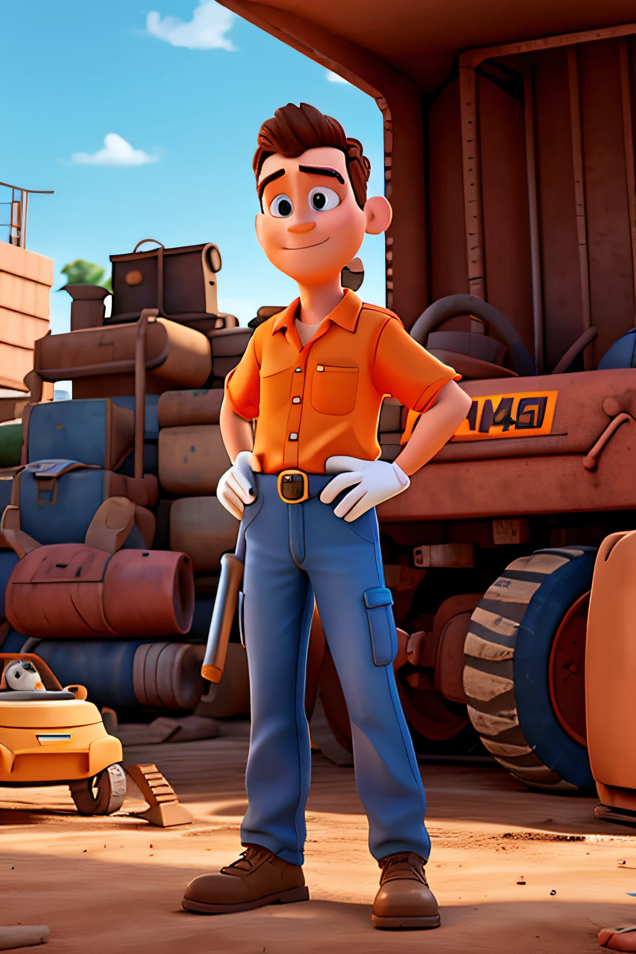 Disney pixar style 3D character in white and orange shirt using a backhoe in a maintenance shop with heavy machinery in the background