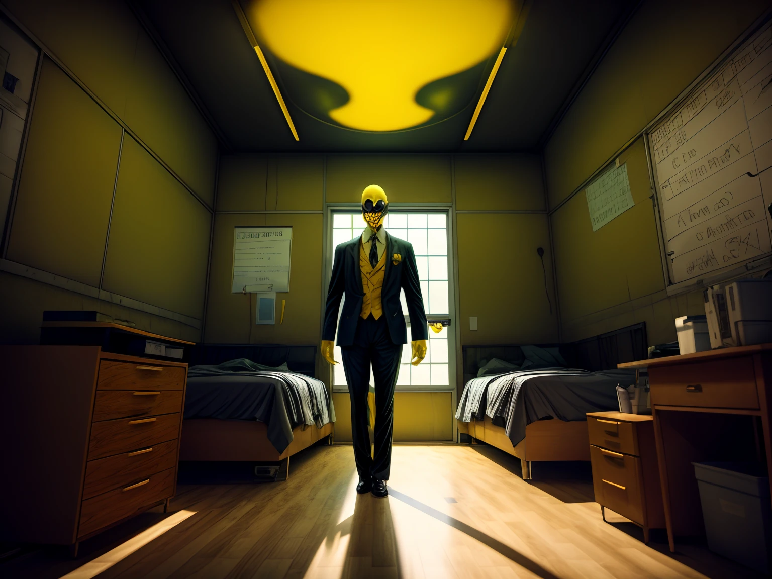 A yellow skin creepy teacher is standing in the center od the room staring at the bed