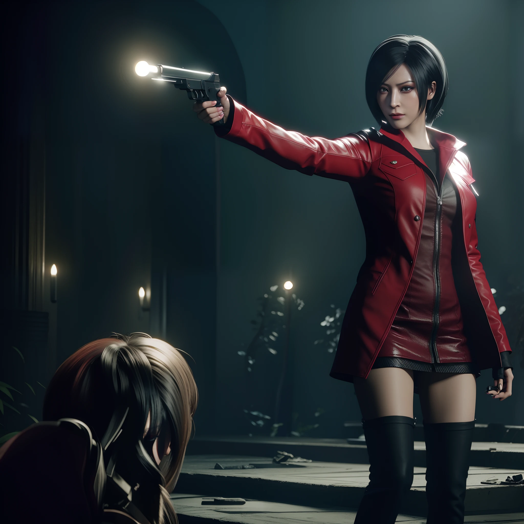 HD, ada wong 40 years old, beautiful face, looking at viewer, very long red hair, perfect Face, black jeans, red long coat with black nail polish, friendly face, glare, holding a gun