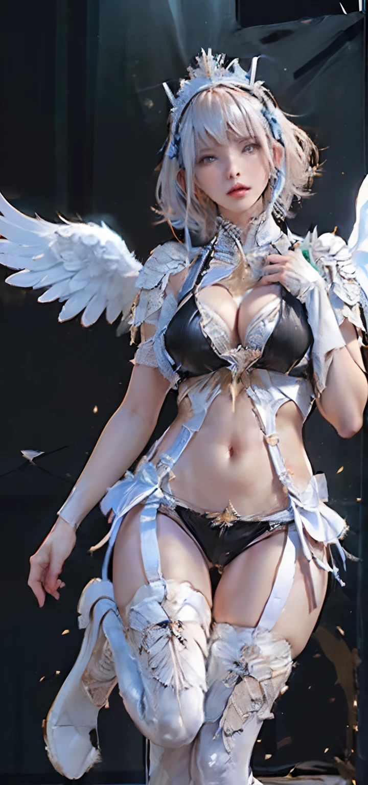 (( (tmasterpiece)，（Very detailed CG Unity 8K wallpaper），(Knee shot:1.3), best qualtiy，cinmatic lighting，Photorealsitic, 细致背景，beatiful detailed eyes，Bright pupils，（Very fine and beautiful），（Beautiful and detailed eyes description），ultra - detailed，tmasterpiece，hight resolution)), Curly, ((Dressed in insanely sexy bikini armor:1.4)), Rose gold armor, Richly decorated armor, a beautiful woman warrior, Shorthair, Platinum Blonde Hair, cleavage of the breast, (Big angel wings on the back)