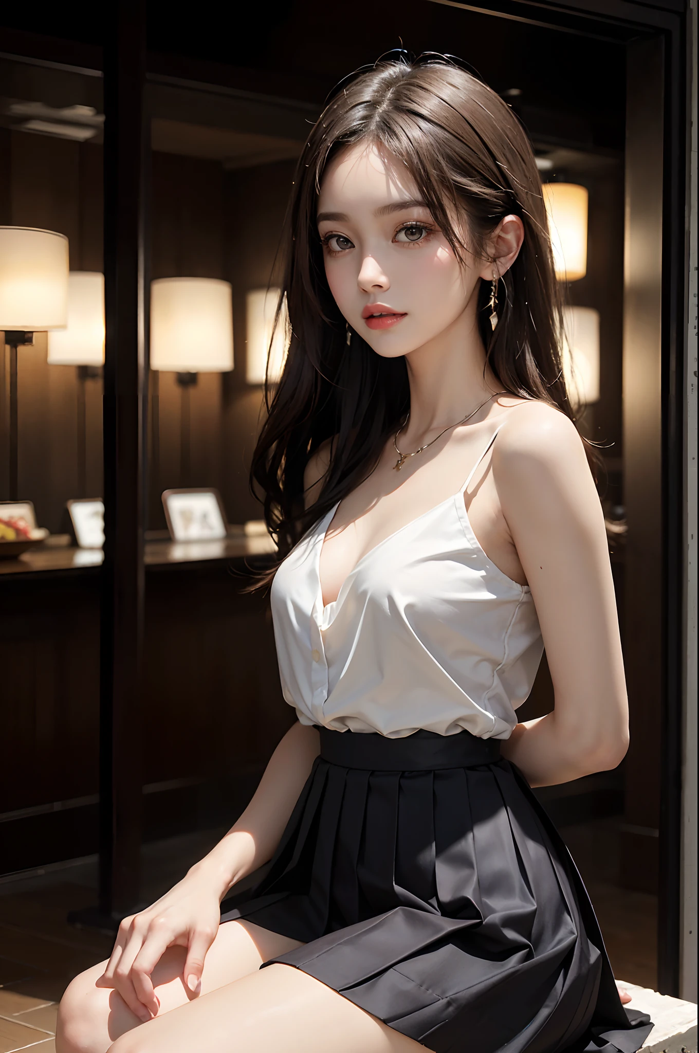 ((knee shot)), (from side), A young girl, the night, lamplight, streetview, Street photography, Cross ed leg, posing elegantly, warm lights, a warm color palette, ((White color blouse, DEEP-V COLLAR, a black pleated skirt)), Detailed scenes, Long messy hair, Brownish-yellow hair, light make-up, Blushlush, Nice slender legs, (Extremely high color saturation), Detailed details, ultra-detailliert, (tmasterpiece, best qualtiy), (An extremely delicate and beautiful work), Delicate earrings, Delicate necklace, Simple blurred background, Extreme detail description, Ultra-fine painting, Delicate face, slim toned body, Slimming the waist, grin