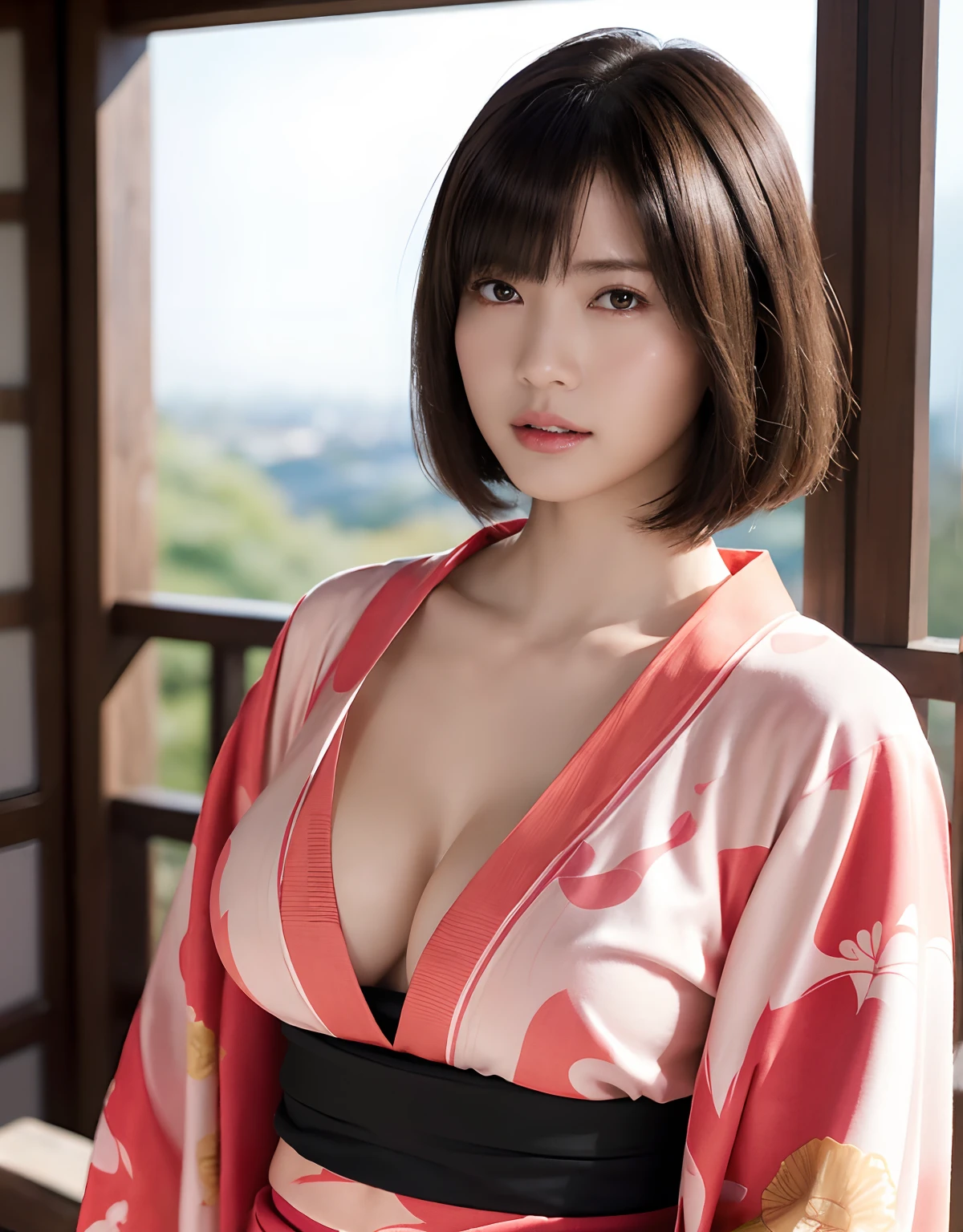 (top-quality、8K、32K、masterpiece、超A high resolution、nffsw:1.3)、(Japan idol:1.3)、1girl in、(Colossal tits:1.25)、(short-hair)、abdominals、the perfect body、((Takan Ninja)), Delicate facial features, Ultra-realistic, Hyper-realistic, 鎖骨、Shadow、octan render、((Wear a beautiful kimono with a high degree of exposure)),hyperdetailed face、Detailed lips、finely eye、二重まぶた、(魅惑的)、((agitation:1.5))、maikurobikini、((Navel))、Armpit、((Female ninja)),Kunoichi Ninja、Throw shurikens、Japan holding a sword、Mystical expression、shrine background、Old Town of Japan、((heavy breasts)),Toostock、mecosuji、Kimono with colorful floral pattern、highcontrast、(((Brightly colored kimono))),