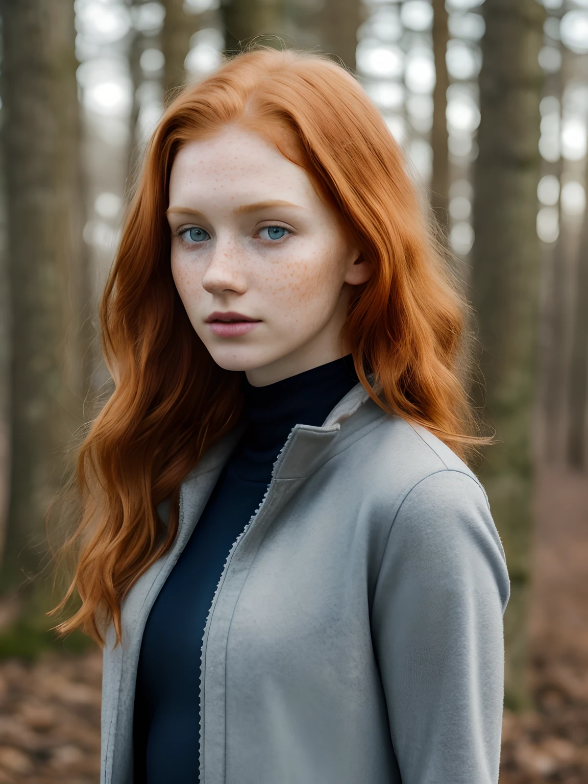 (1girl in, age19, Solo, Aesthetic artwork, irish redhead, wavy ginger hair, shoulder length ginger hair, light grey eyes, some small freckles, pale skin, A-cup, small breasts, runners body, (textured skin, skin pores:1.1), (moles:0.8), imperfect skin, goosebumps, wearing dark gray jacket, wearing navy blue leggings, empty trees, early winter, no snow, mountains, blury background, (back to camera, looking away: 1.25), (extremely detailed 8k wallpaper), (hard lighting), high quality, film grain, Fujifilm XT3 sharp focus, f 5.6, 50mm, High Detail, Sharp focus, (natural light), crazy details, complex details, hyperdetailed