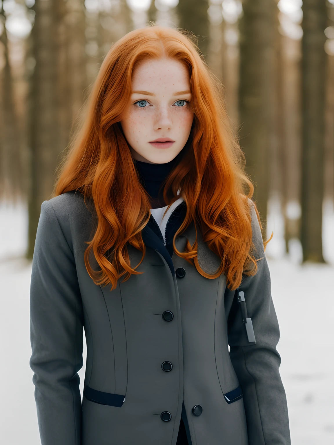 (1girl in, age19, Solo, Aesthetic artwork, irish redhead, wavy ginger hair, shoulder length ginger hair, light grey eyes, some small freckles, pale skin, A-cup, small breasts, runners body, (textured skin, skin pores:1.1), (moles:0.8), imperfect skin, goosebumps, wearing dark gray jacket, wearing navy blue leggings, empty trees, early winter, no snow, mountains, blury background, (back to camera, looking away: 1.25), (extremely detailed 8k wallpaper), (hard lighting), high quality, film grain, Fujifilm XT3 sharp focus, f 5.6, 50mm, High Detail, Sharp focus, (natural light), crazy details, complex details, hyperdetailed